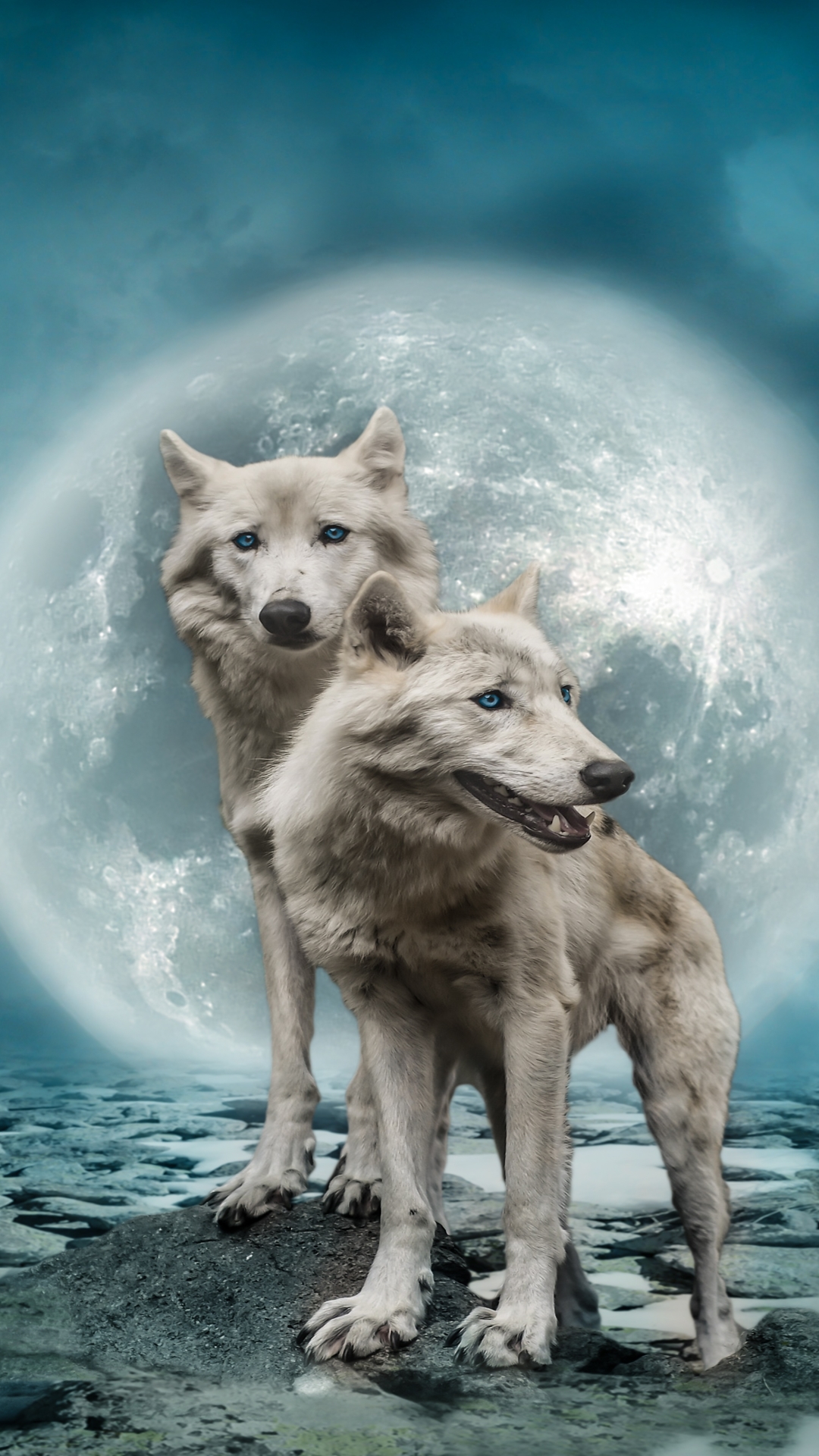 Handy-Wallpaper Tiere, Mond, Wolf, Blaue Augen, Manipulation, Wolves kostenlos herunterladen.