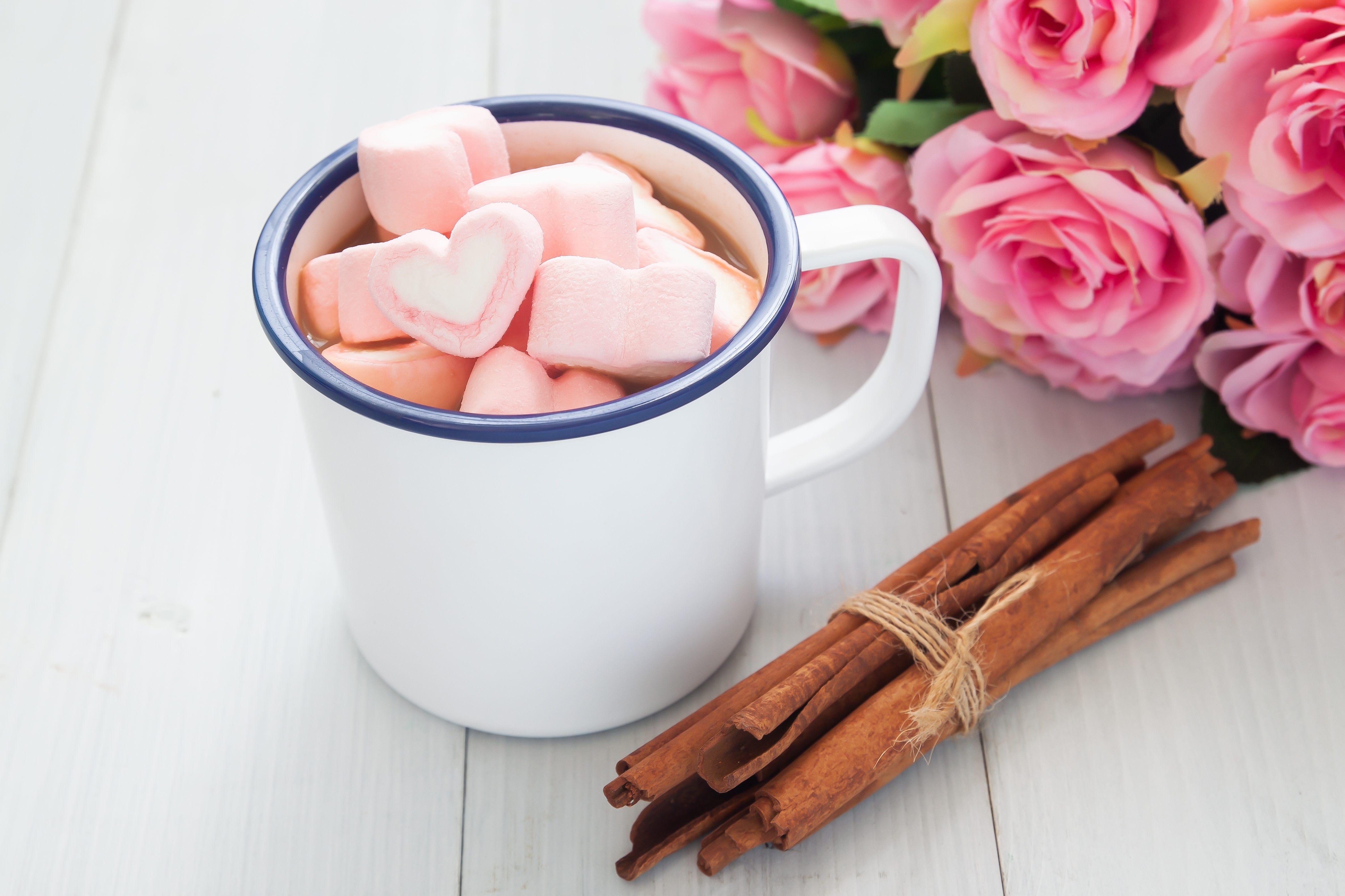 Download mobile wallpaper Food, Still Life, Cinnamon, Flower, Cup, Marshmallow, Hot Chocolate for free.