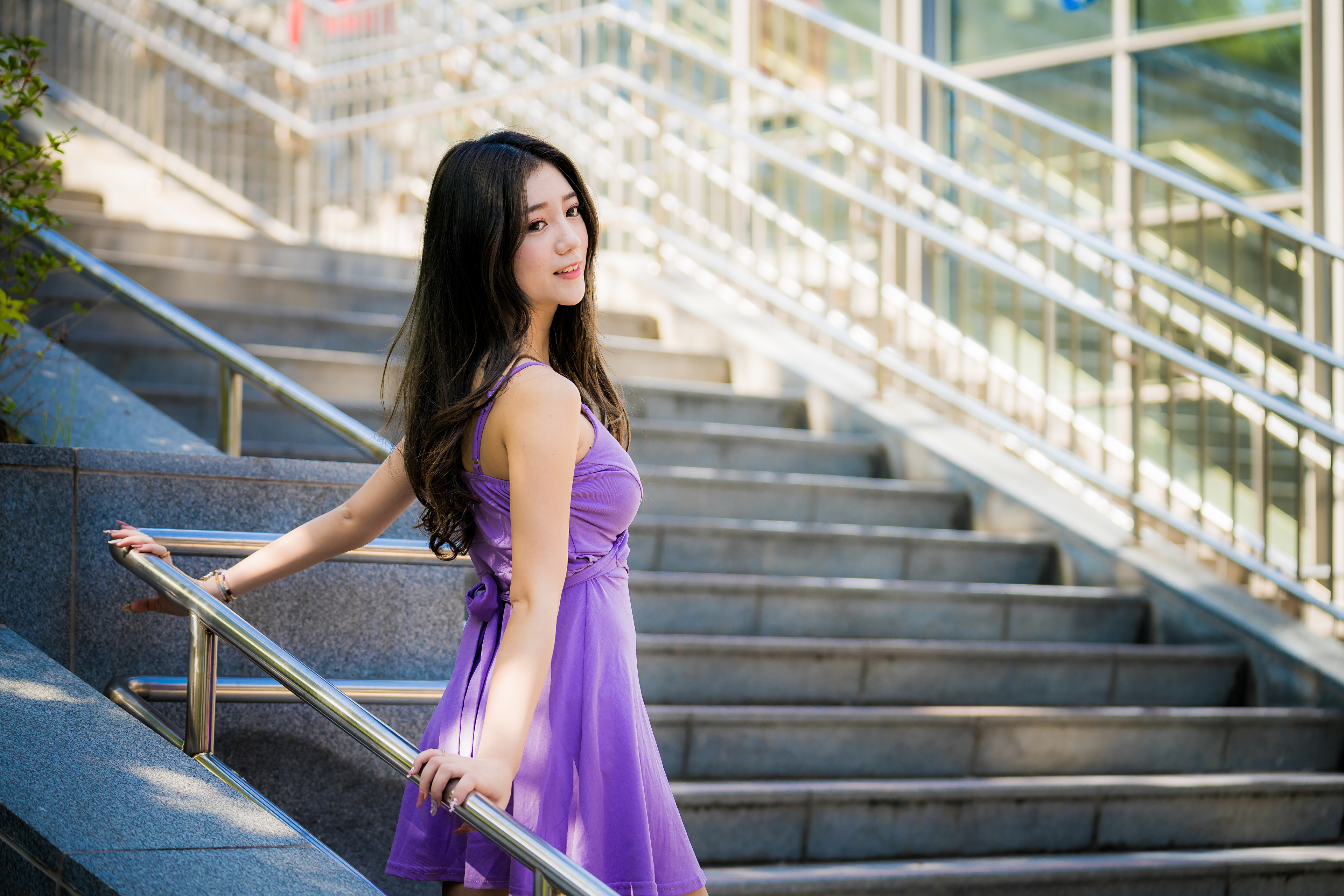 Download mobile wallpaper Model, Women, Asian, Black Hair, Long Hair, Purple Dress, Depth Of Field for free.