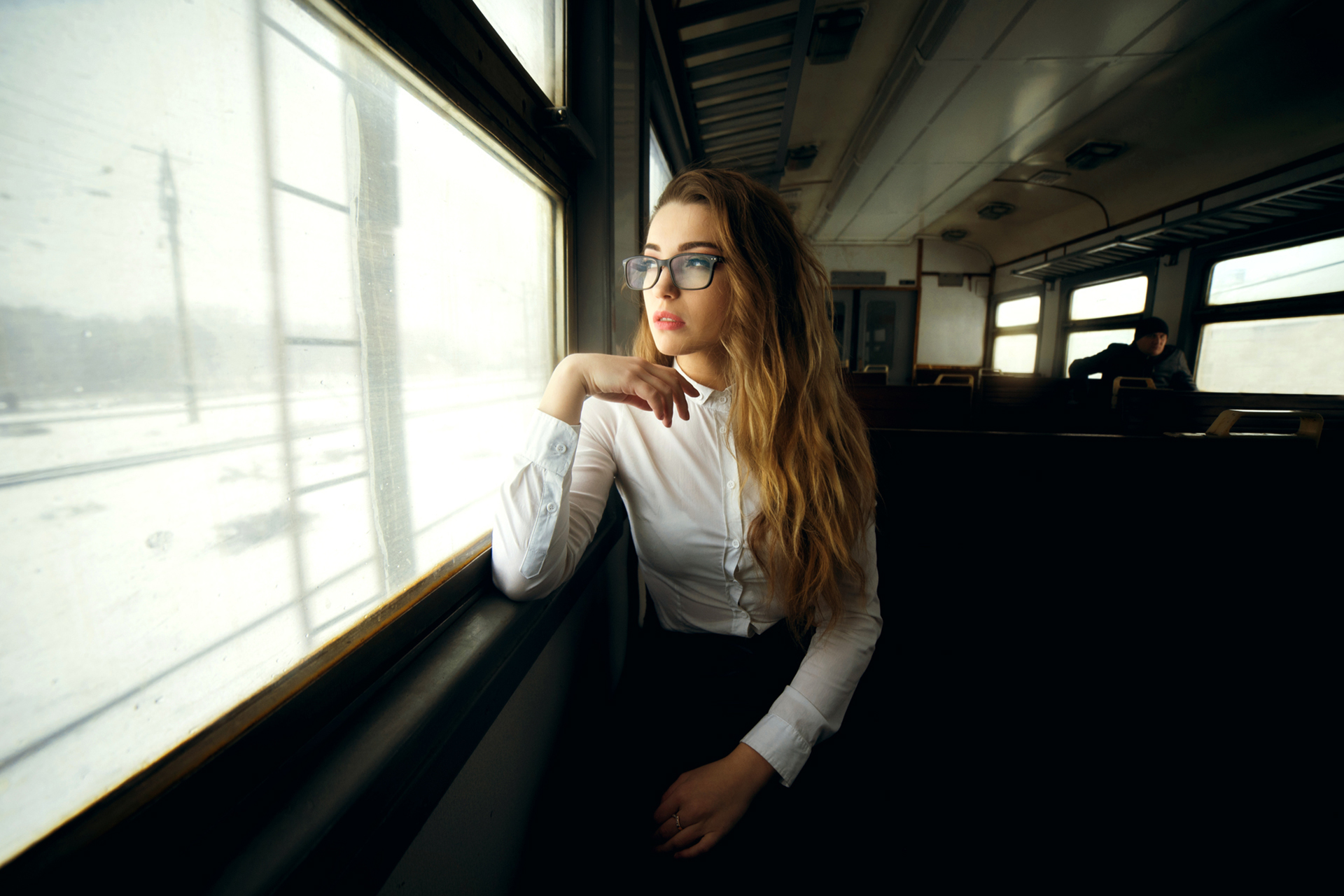 Download mobile wallpaper Blonde, Glasses, Train, Model, Women for free.
