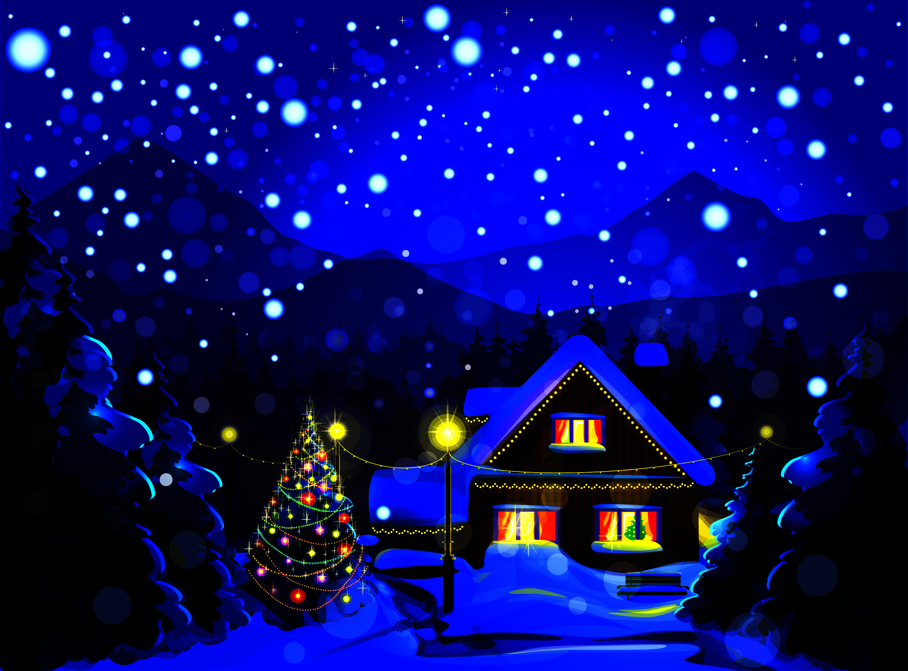 Download mobile wallpaper Snow, Light, Tree, Christmas, Holiday, House, Christmas Tree for free.