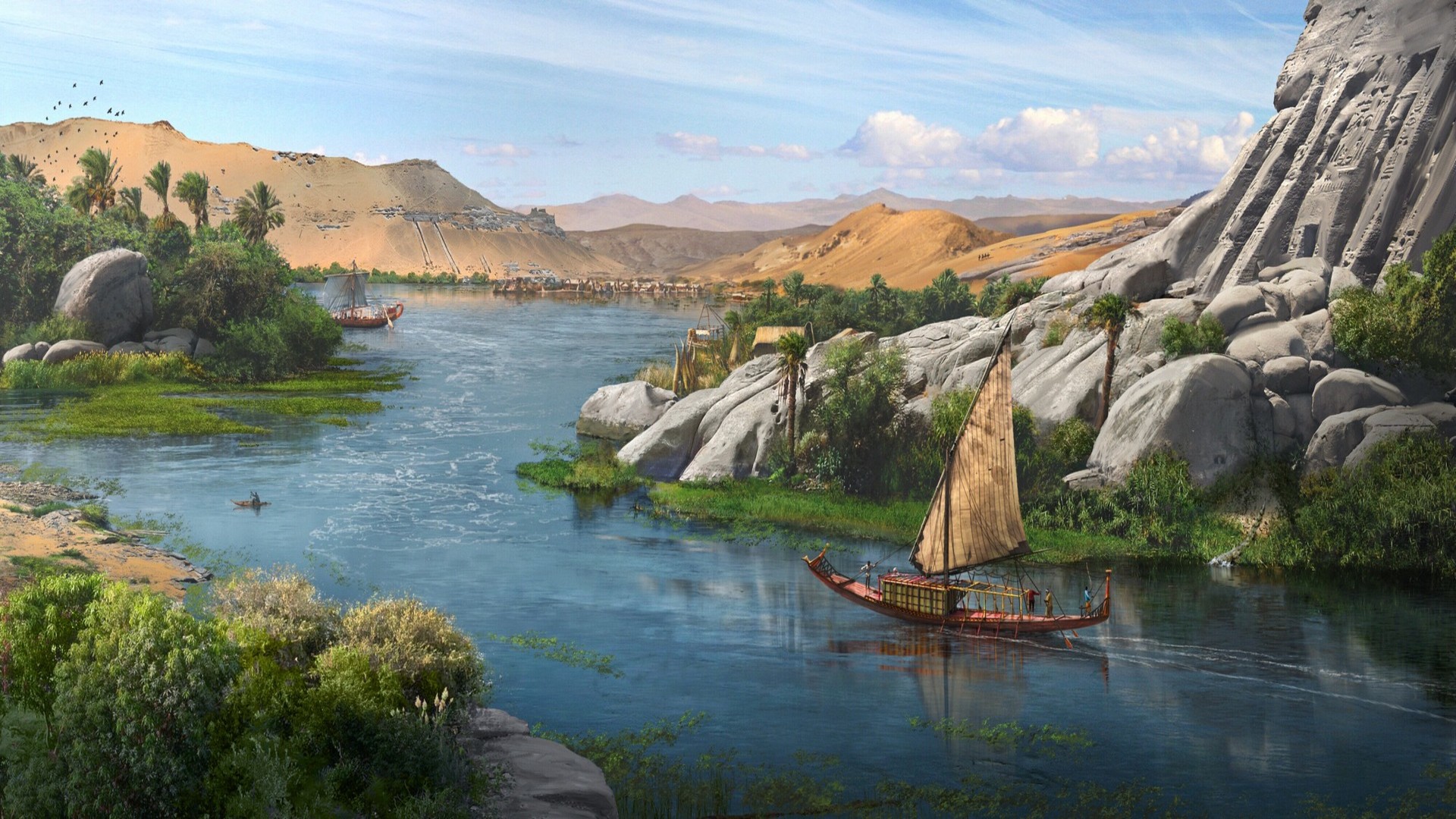 Laden Sie das Landschaft, Fantasie, Fluss, Schiff, Nil-Bild kostenlos auf Ihren PC-Desktop herunter
