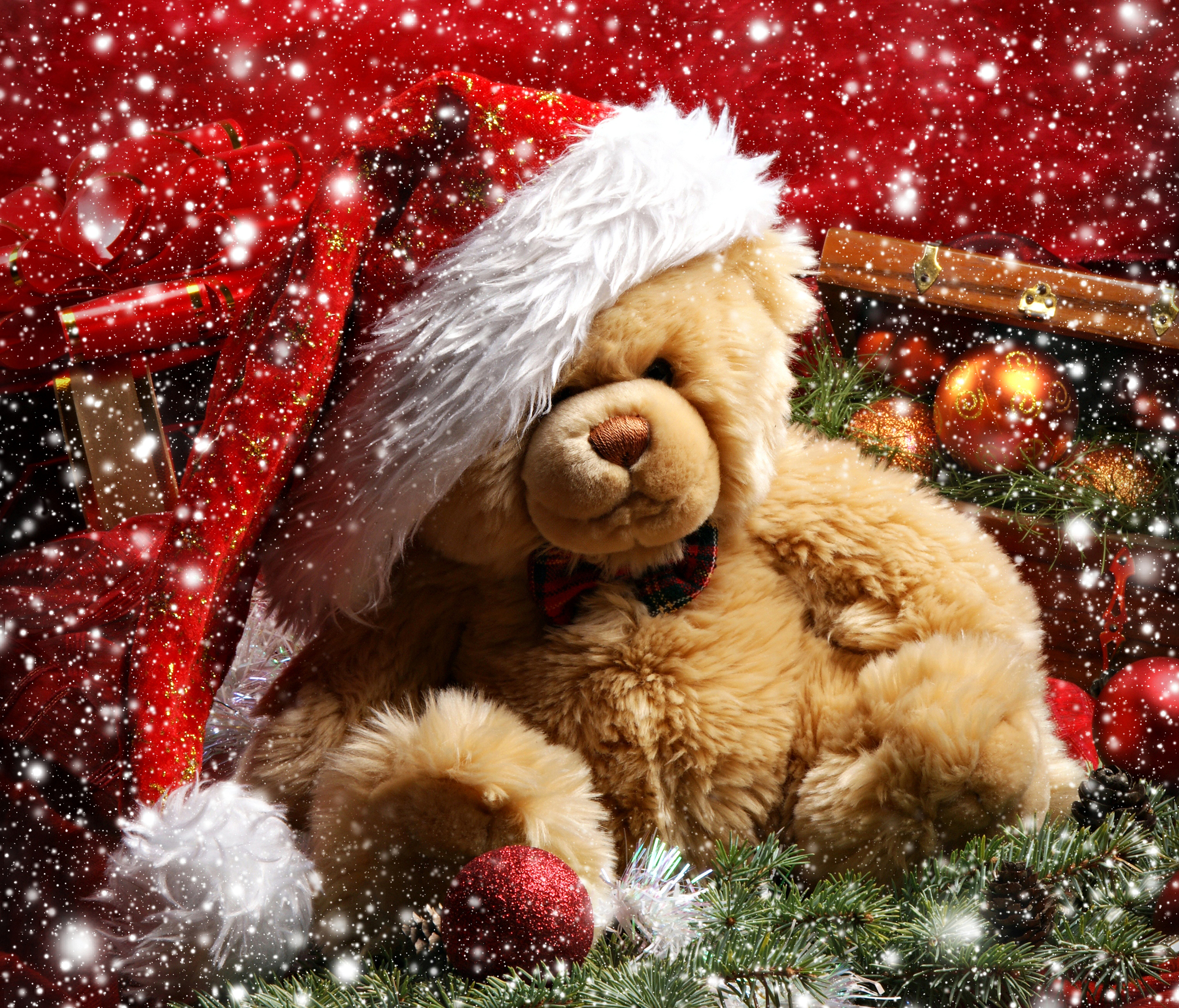 Laden Sie das Feiertage, Weihnachten, Teddybär, Weihnachtsschmuck, Weihnachtsmütze-Bild kostenlos auf Ihren PC-Desktop herunter