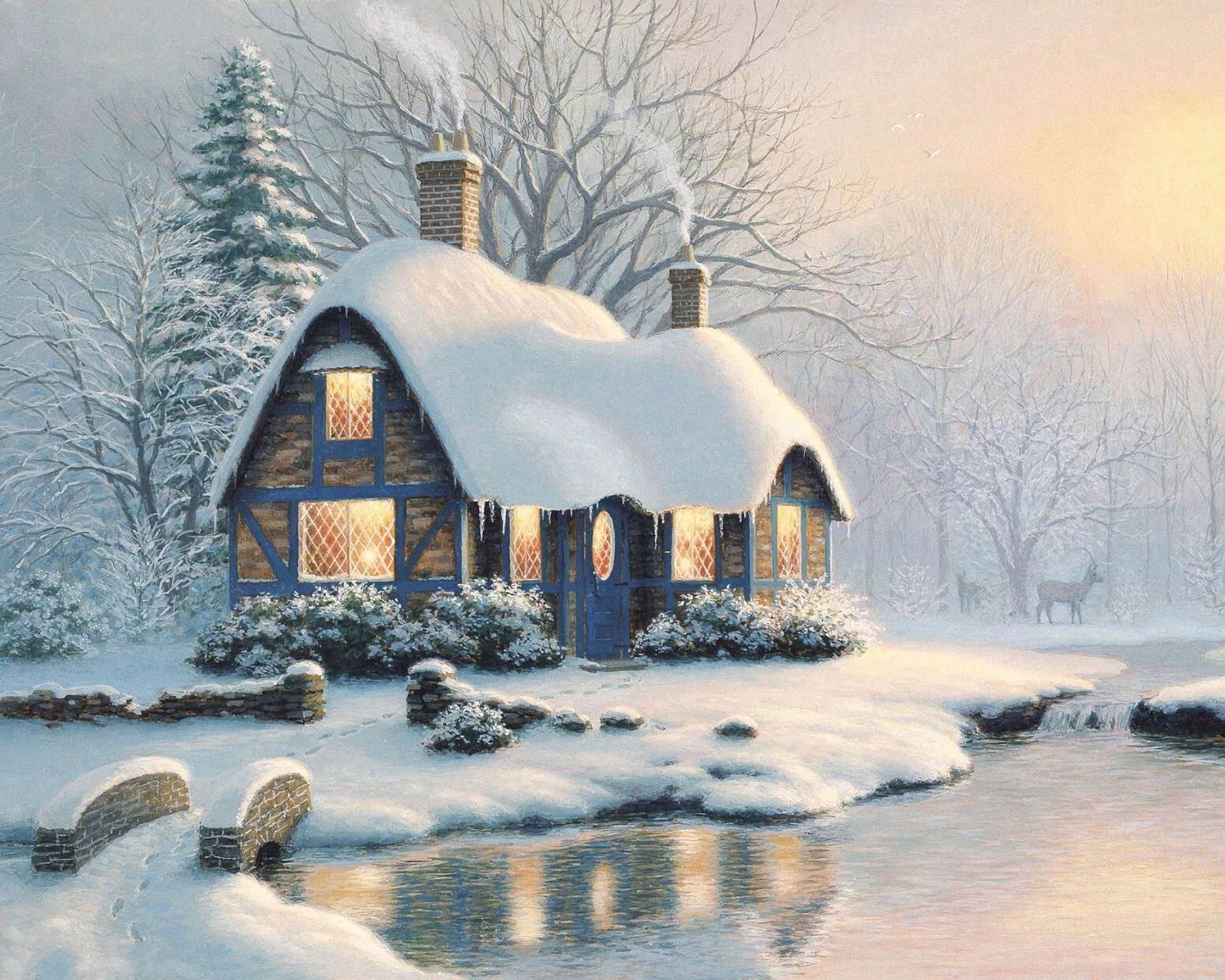 Download mobile wallpaper Winter, Snow, Tree, House, Artistic, Cottage for free.