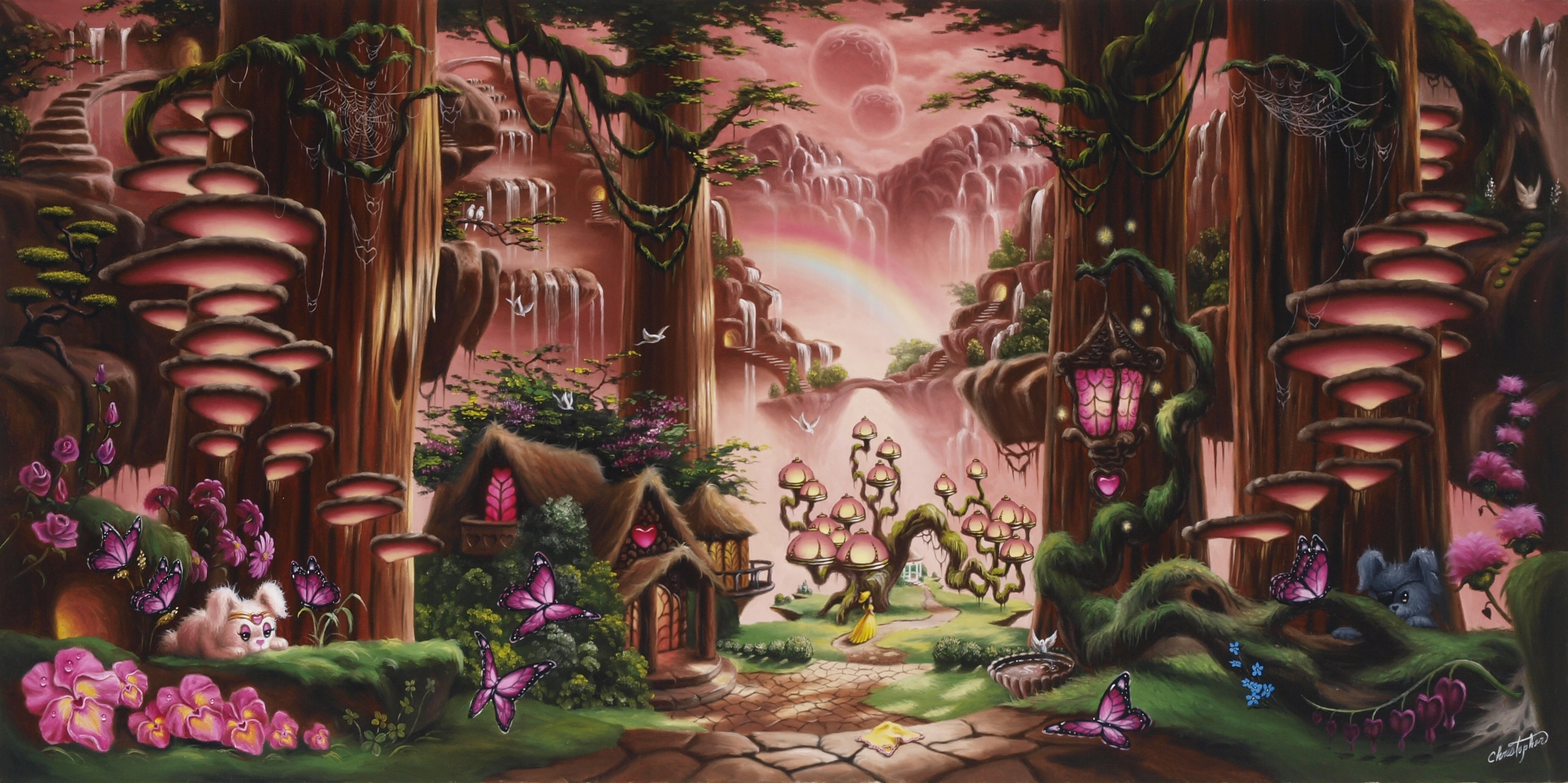 Free download wallpaper Fantasy, Flower, Waterfall, Forest, Tree, Butterfly, Mushroom, Cottage, Magical on your PC desktop