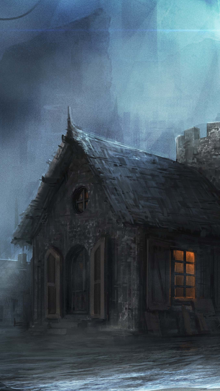 Download mobile wallpaper Fantasy, Building, Dark, Fog, House for free.