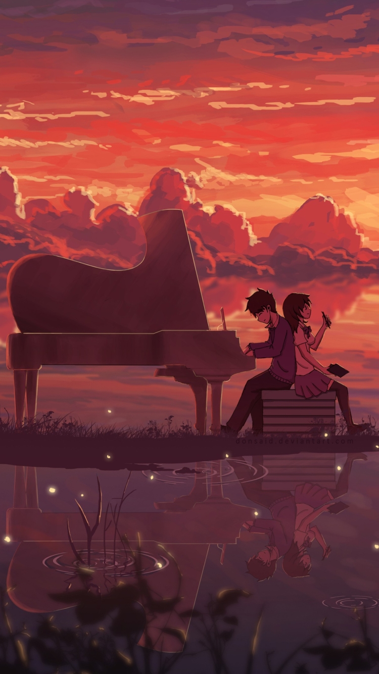 Download mobile wallpaper Anime, Sunset, Piano, Original for free.