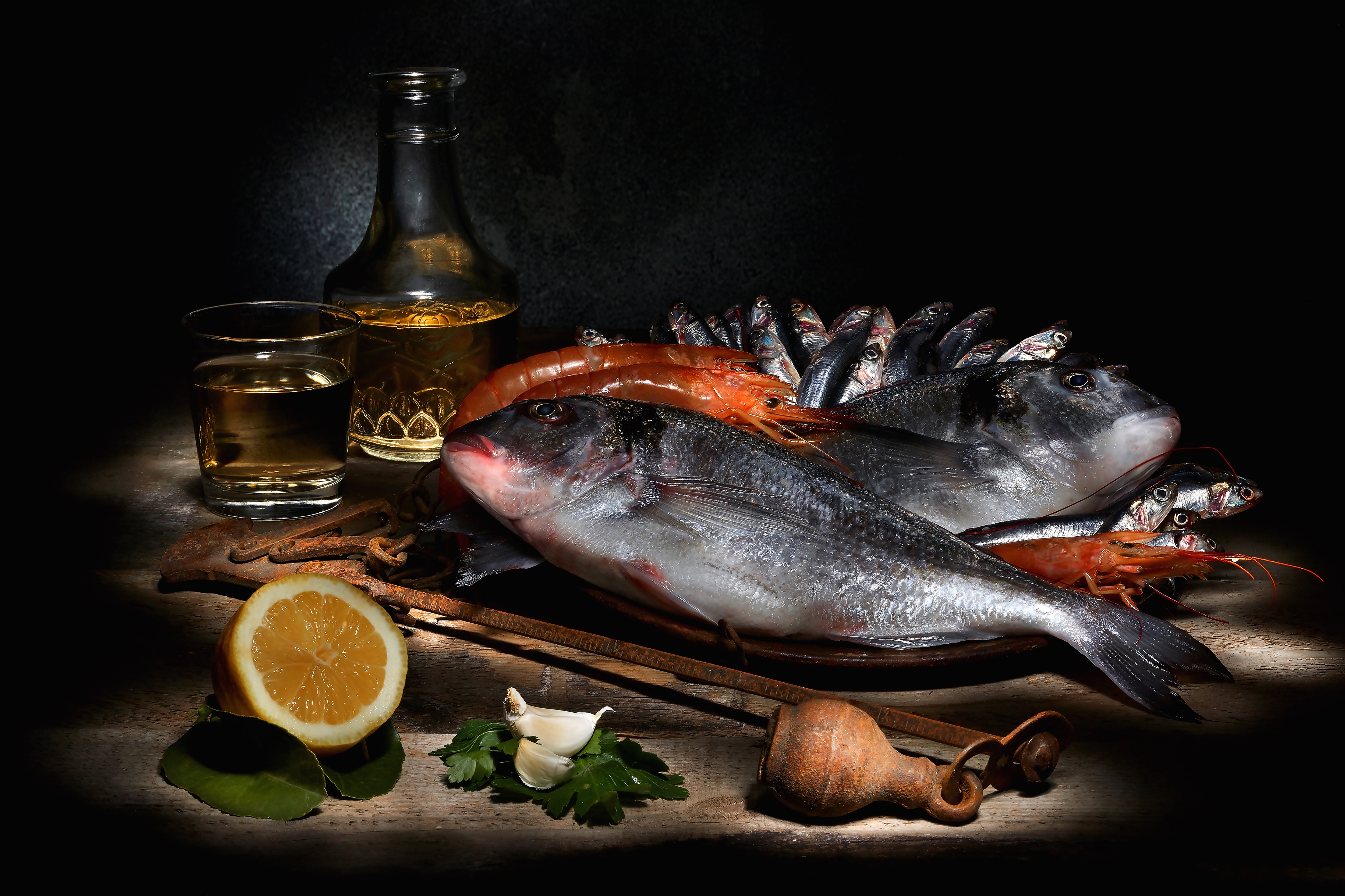Download mobile wallpaper Food, Still Life, Drink, Fish, Shrimp, Seafood, Alcohol for free.
