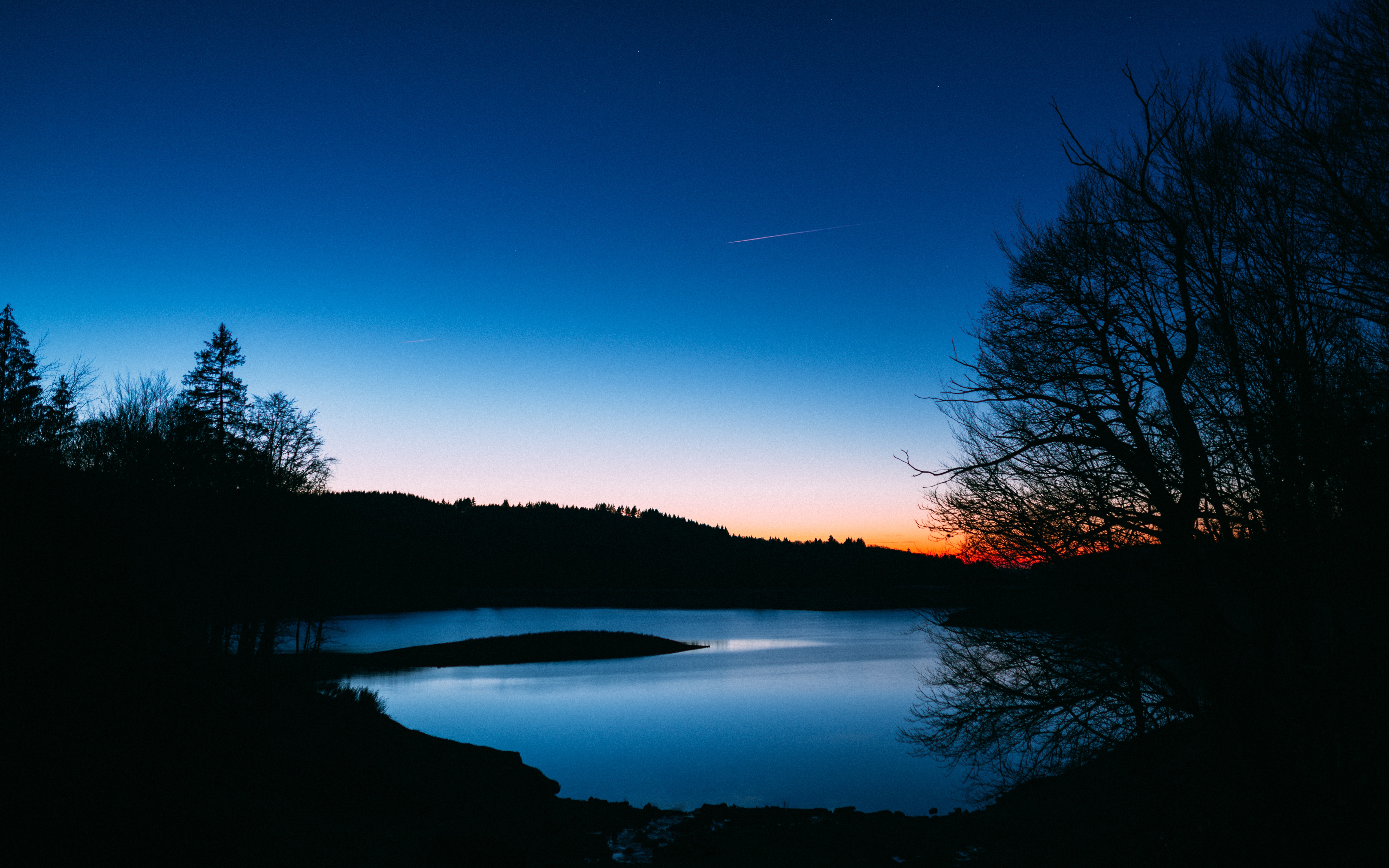 Download mobile wallpaper Sky, Lake, Sunset, Nature, Landscape, Trees, Night, Dark for free.