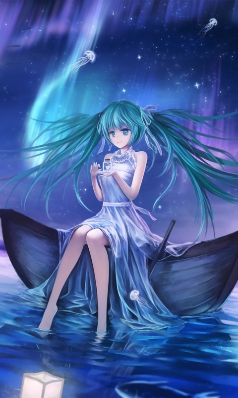 Handy-Wallpaper Sterne, Vocaloid, Nacht, Blaue Augen, Blaue Haare, Hatsune Miku, Animes, Lange Haare, Twintails kostenlos herunterladen.