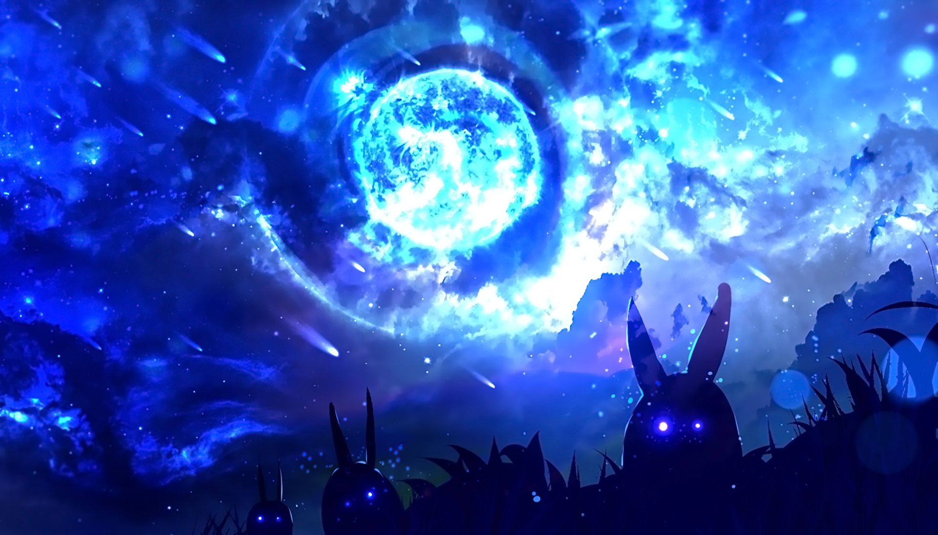 blue, anime, original, bunny, comet, fantasy, planet