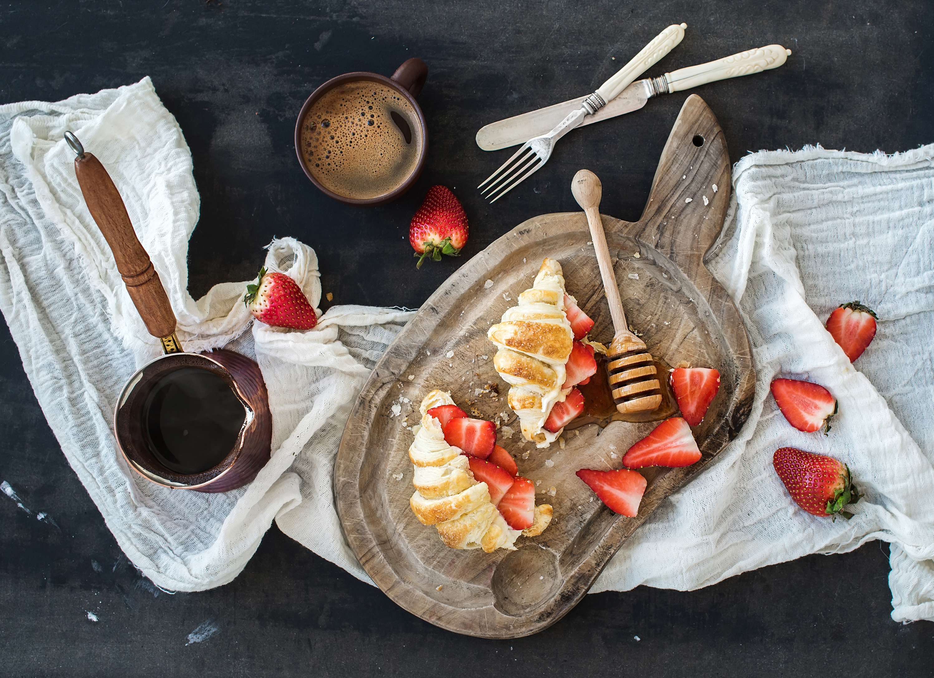 Download mobile wallpaper Food, Strawberry, Coffee, Still Life, Fruit, Breakfast, Croissant for free.