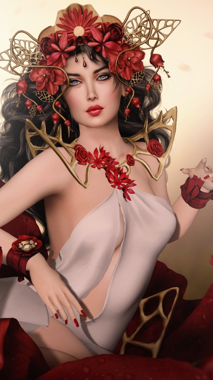 Download mobile wallpaper Fantasy, Flower, Brunette, Women, Red Flower for free.