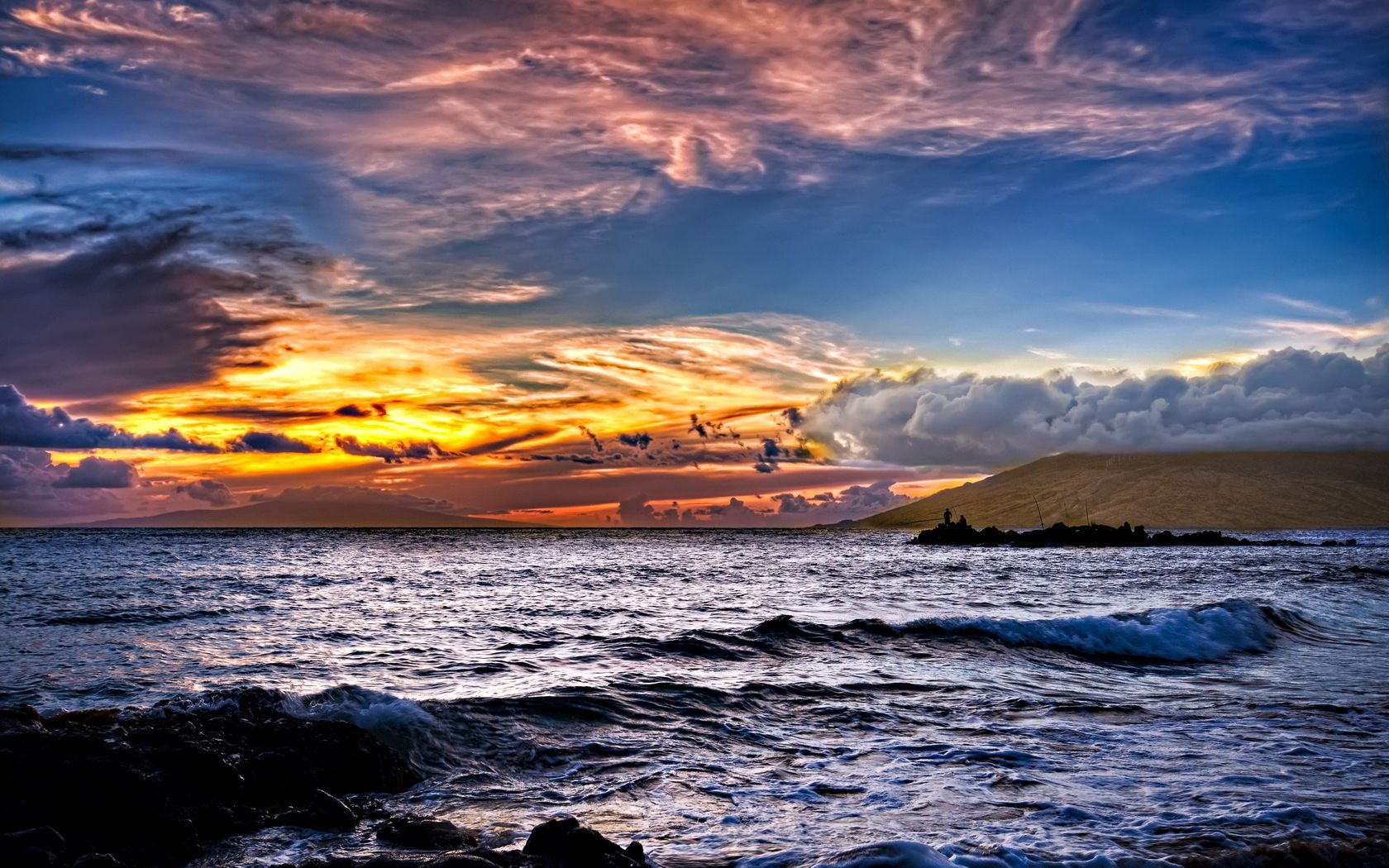 Laden Sie das Natur, Sky, Clouds, Waves, Landschaft, Sunset, Sea, Patterns, Farbe, Farben-Bild kostenlos auf Ihren PC-Desktop herunter