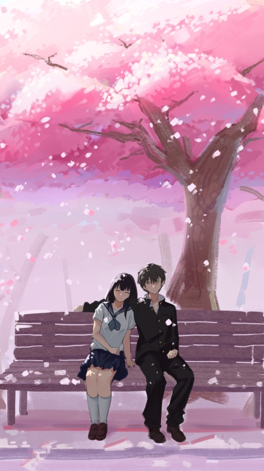 Handy-Wallpaper Kirschblüte, Schuluniform, Animes, Sakura Blüte, Eru Chitanda, Hōtarō Oreki, Hyouka kostenlos herunterladen.