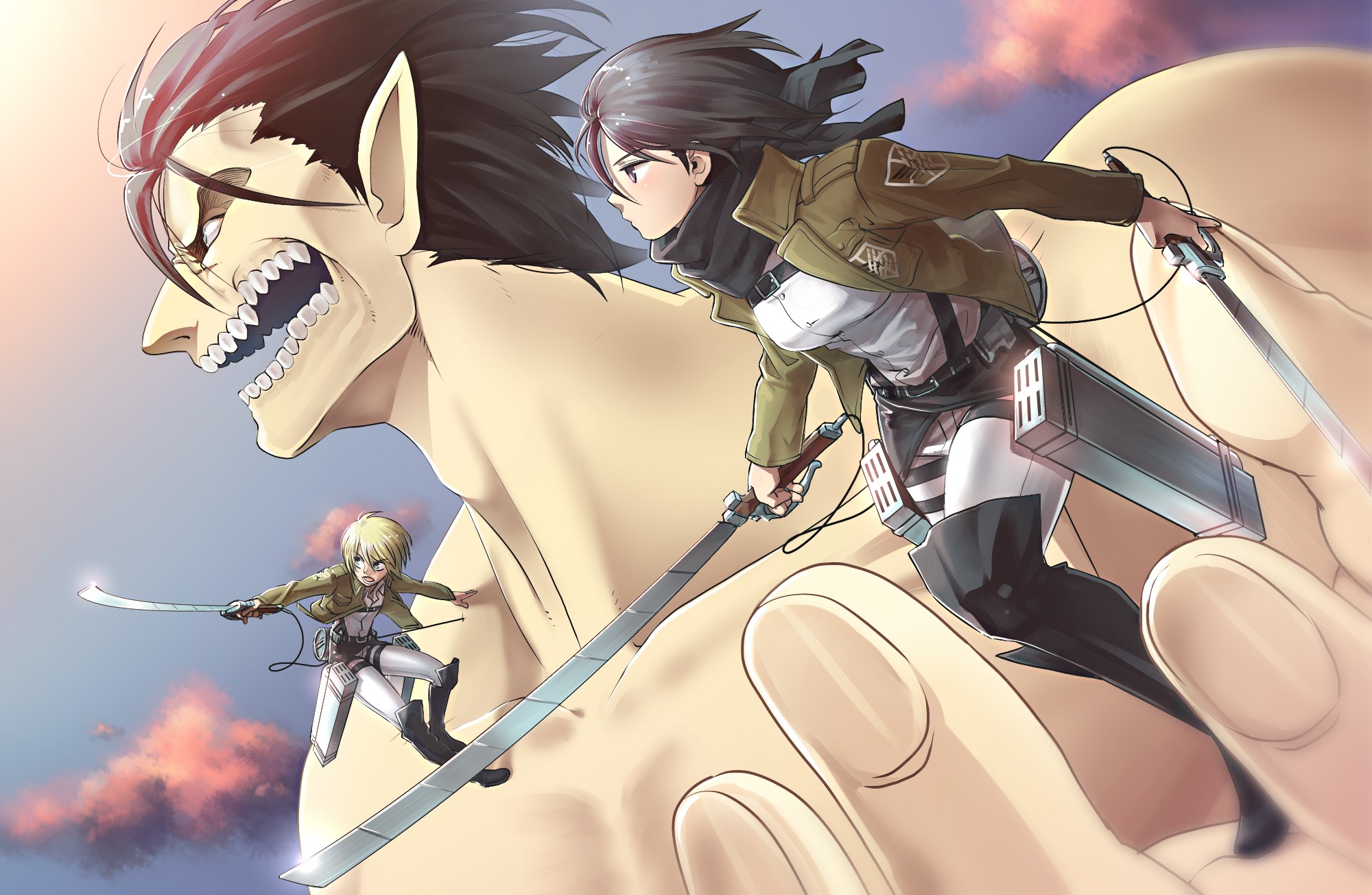 Handy-Wallpaper Armin Arlert, Eren Jäger, Mikasa Ackermann, Attack On Titan, Animes kostenlos herunterladen.