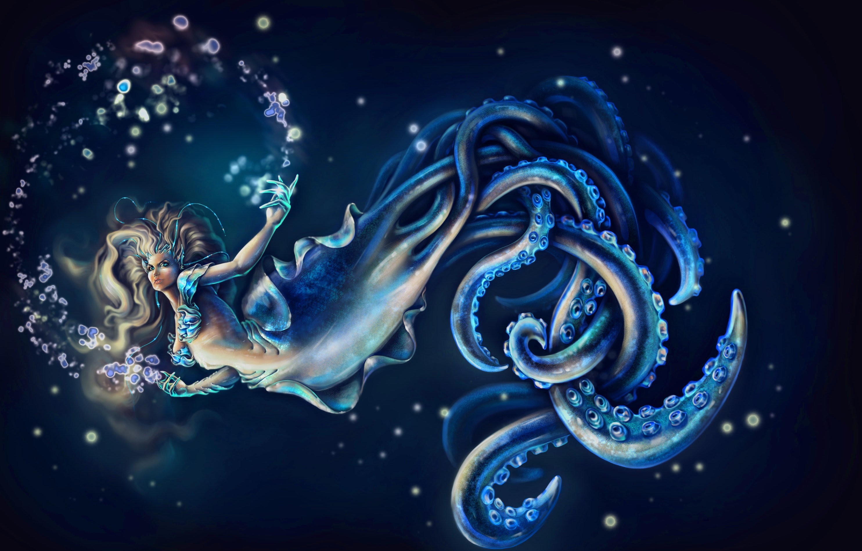 fantasy, women, blue, ocean, octupus, squid, tentacle