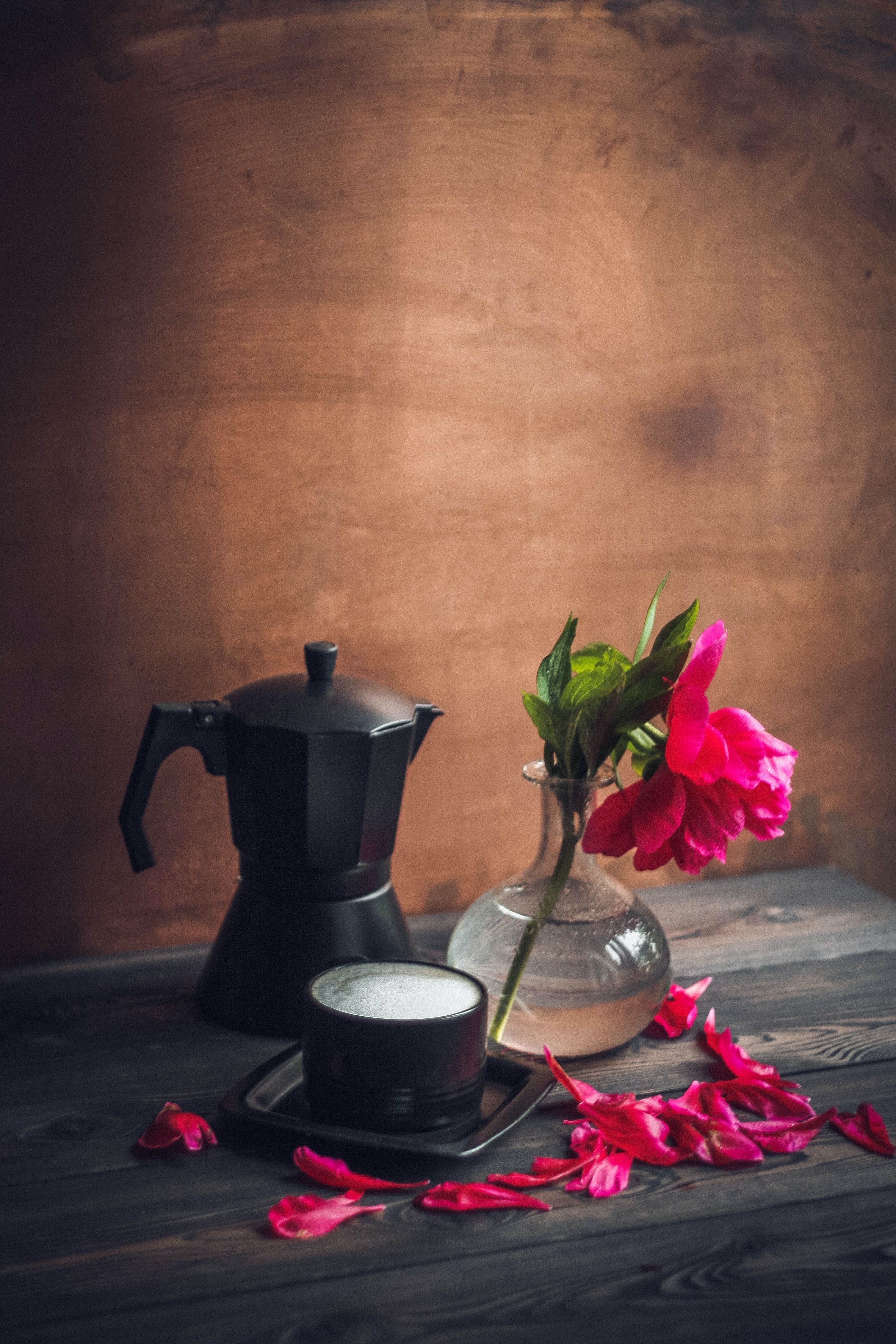 flower, flowers, coffee, petals, cup, drink, beverage, teapot, kettle, mug, pion, peony