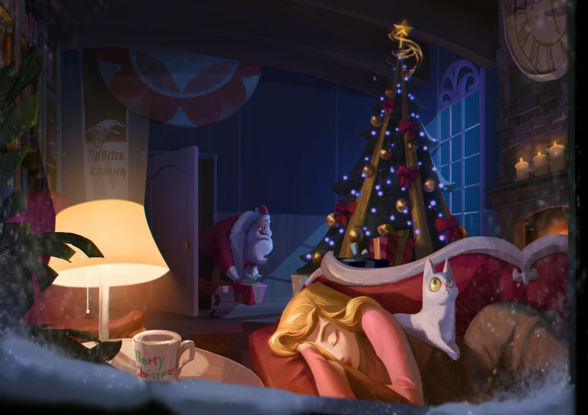 Handy-Wallpaper Feiertage, Weihnachtsmann, Weihnachten, Katze, Weihnachtsbaum, Schlafen, Blondinen kostenlos herunterladen.