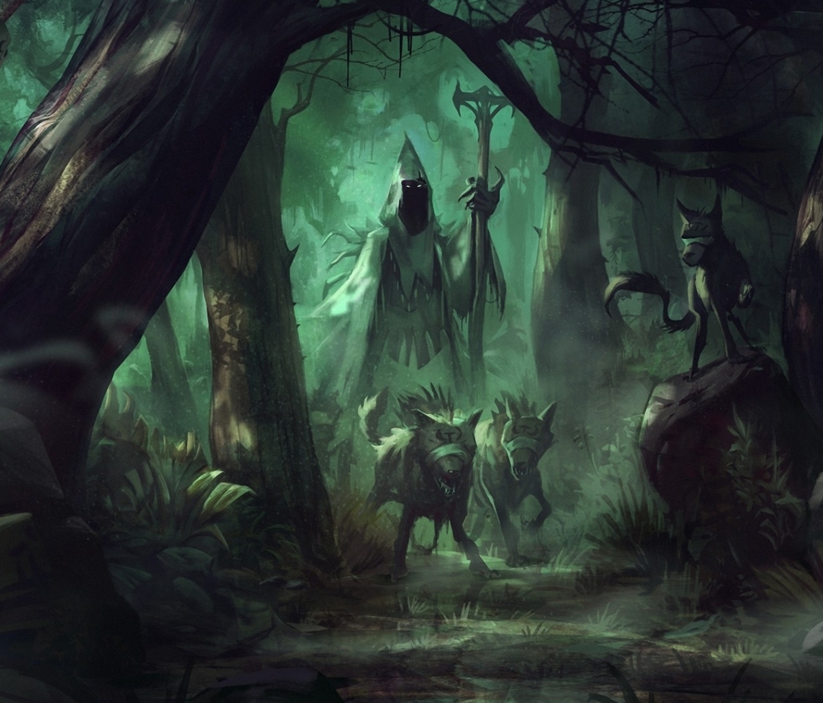 Free download wallpaper Fantasy, Dark, Forest, Wolf, Mage on your PC desktop