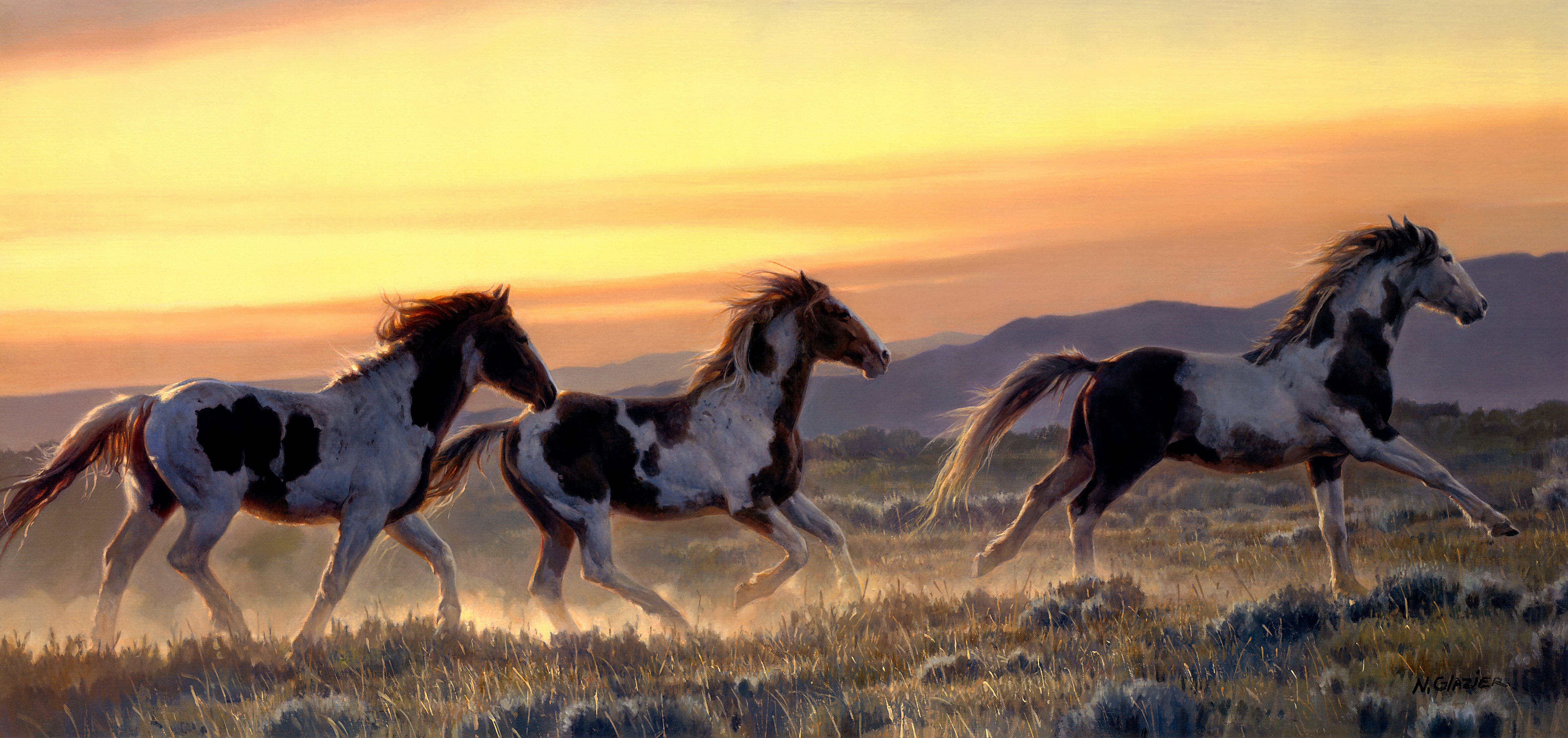 Download mobile wallpaper Sky, Field, Animal, Horse, Running for free.