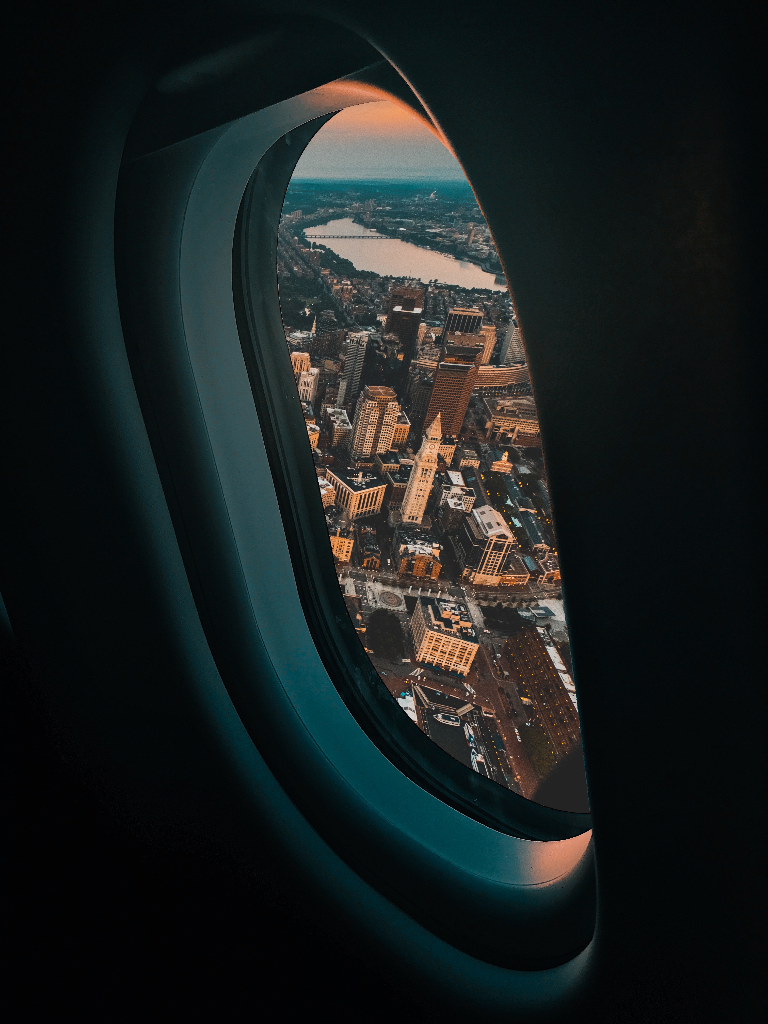 airplane, plane, city, porthole, miscellanea, miscellaneous, window