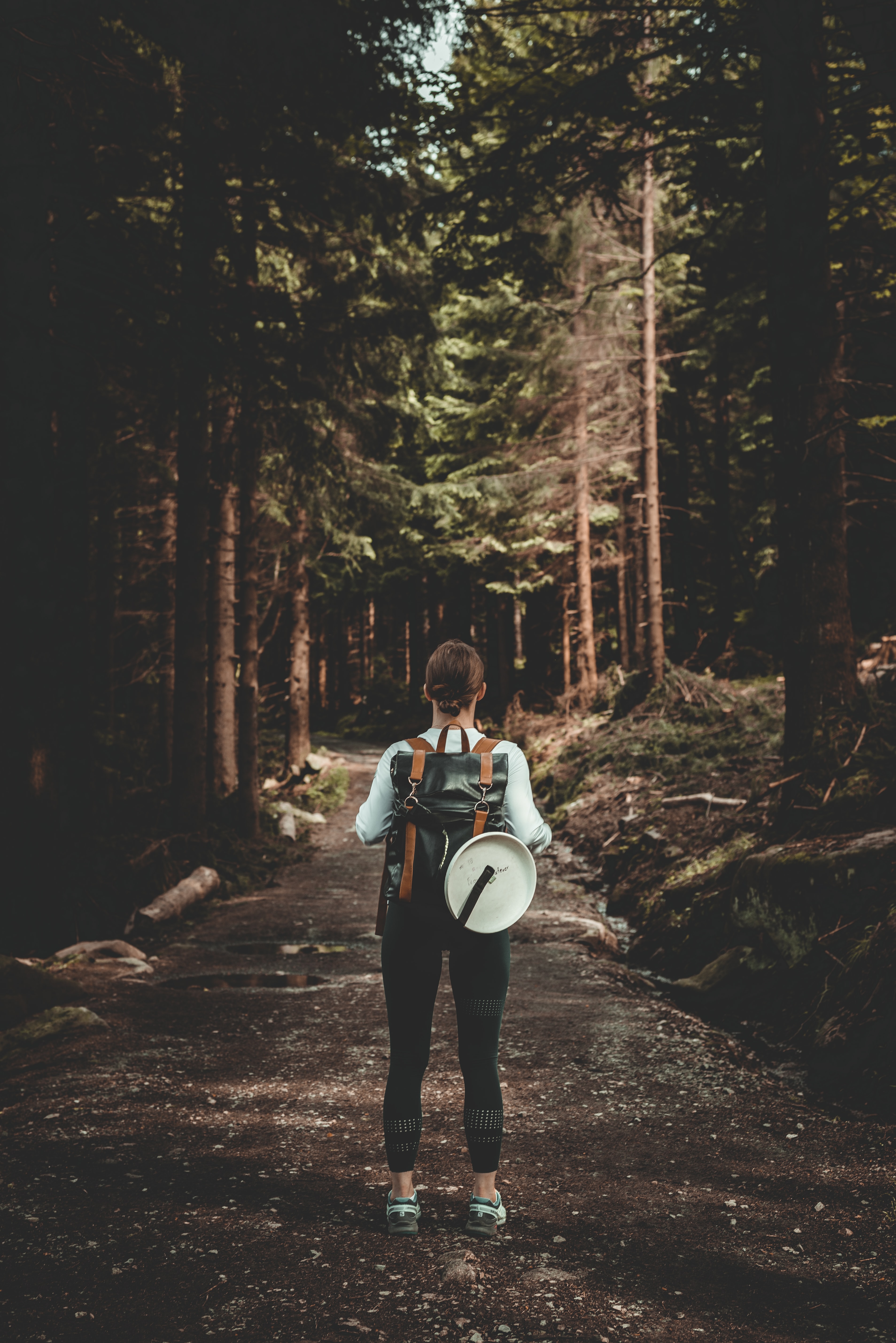 Free download wallpaper Miscellanea, Miscellaneous, Forest, Path, Backpack, Rucksack, Back, Girl on your PC desktop