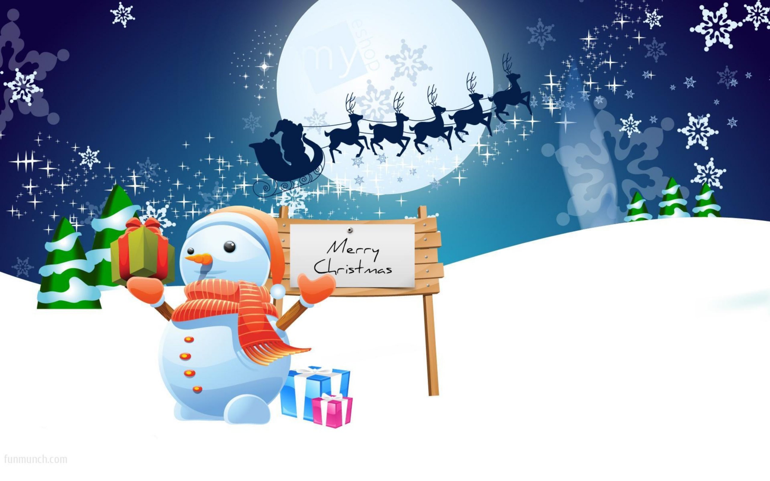 Скачать картинку Рождество, Снеговик, Сани, Подарки, Праздничные, Северный Олень в телефон бесплатно.