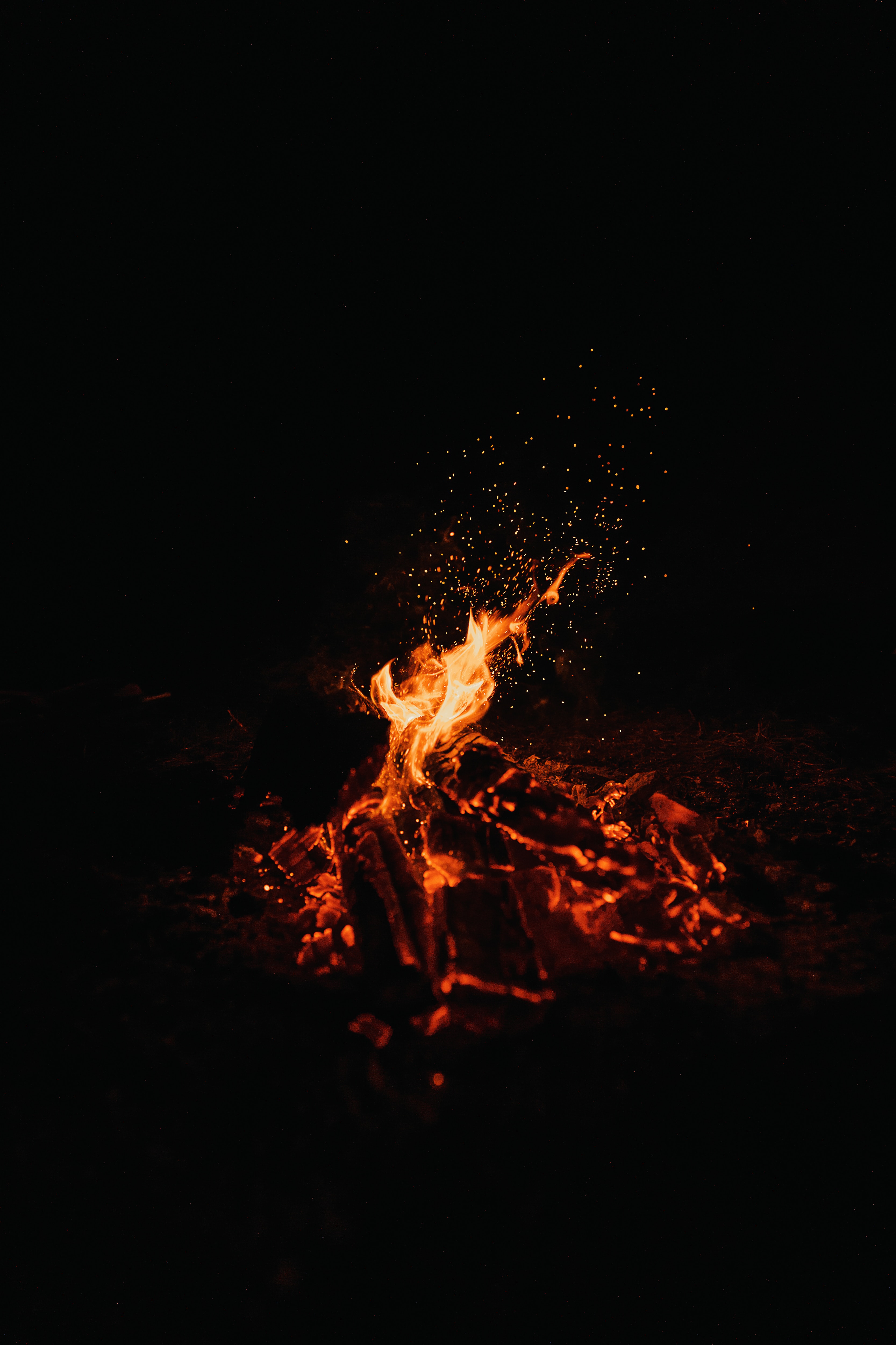 bonfire, fire, sparks, dark, night