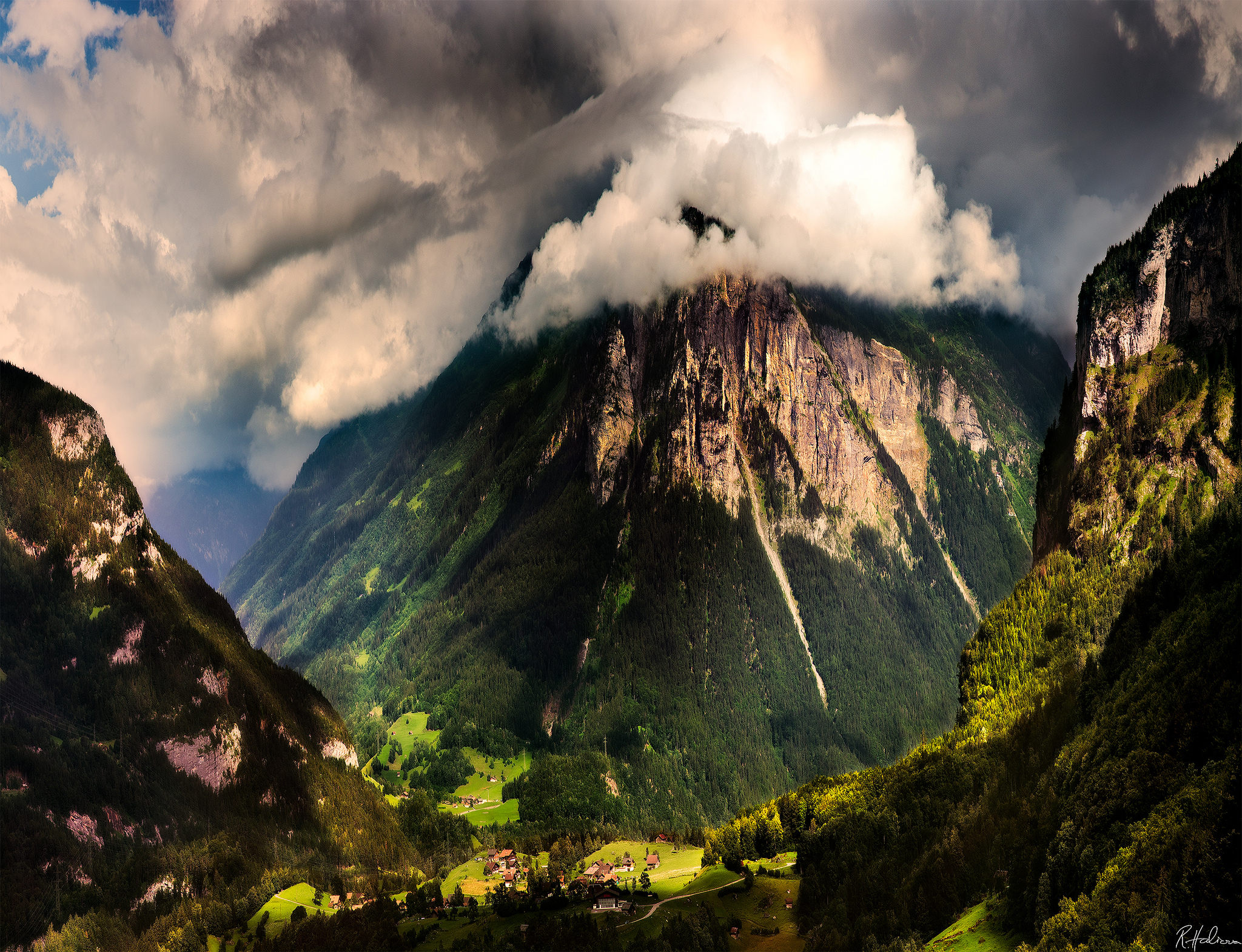 Download mobile wallpaper Landscape, Mountain, Fog, Village, Switzerland, Valley, Cloud, Man Made for free.