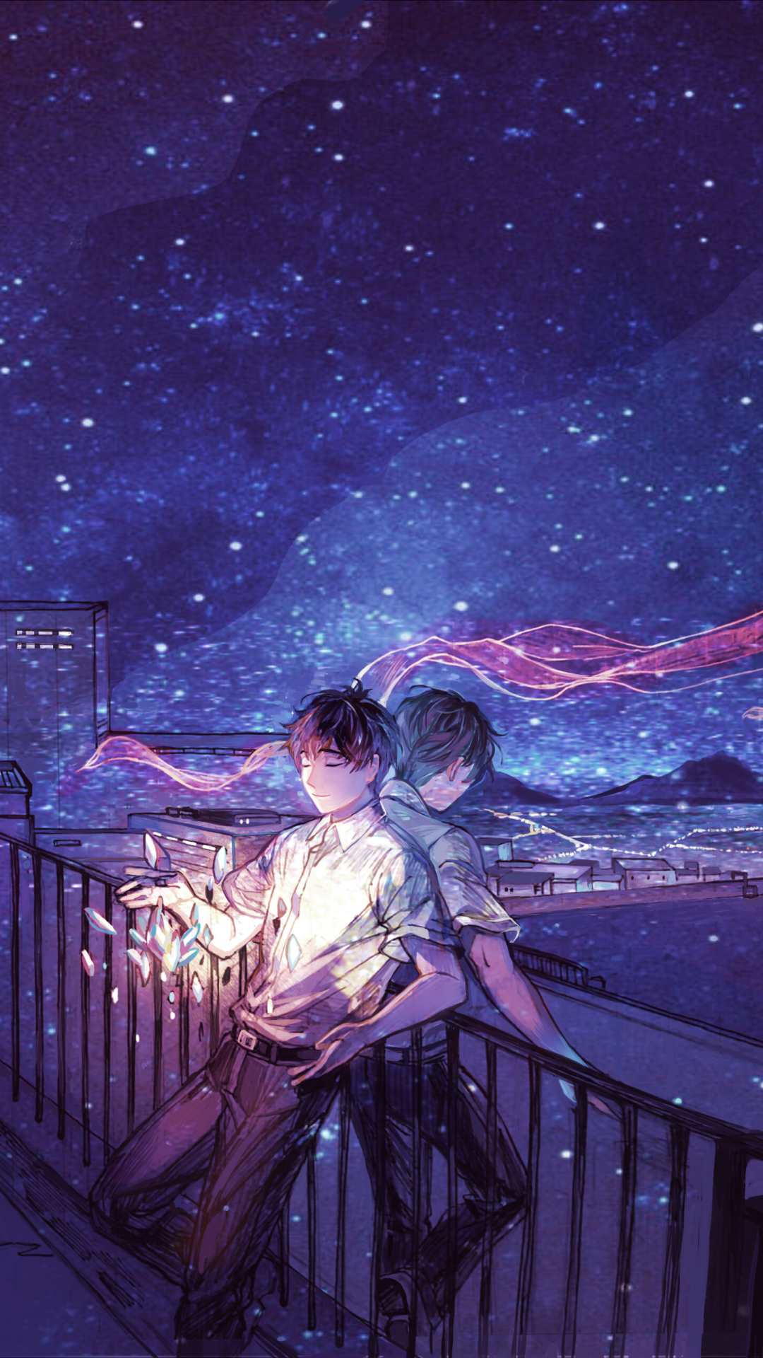 HD wallpaper anime, original, city, roof, night, stars