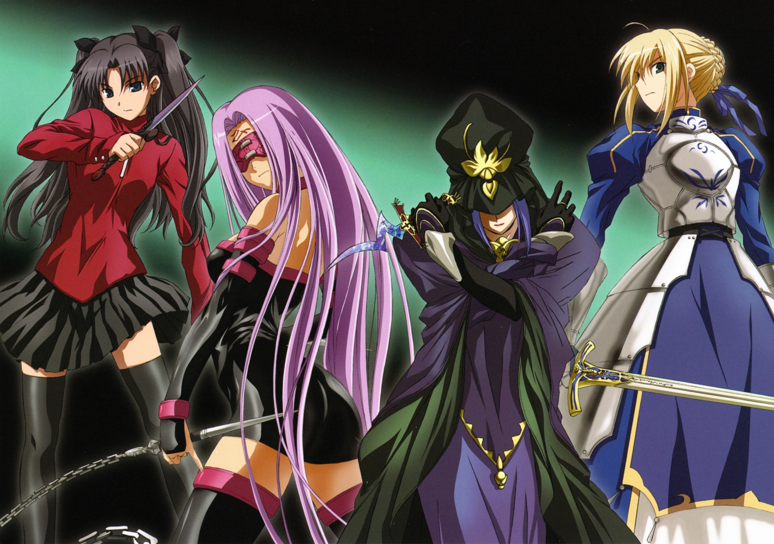 anime, fate/stay night, caster (fate/stay night), rider (fate/stay night), rin tohsaka, saber (fate series), fate series