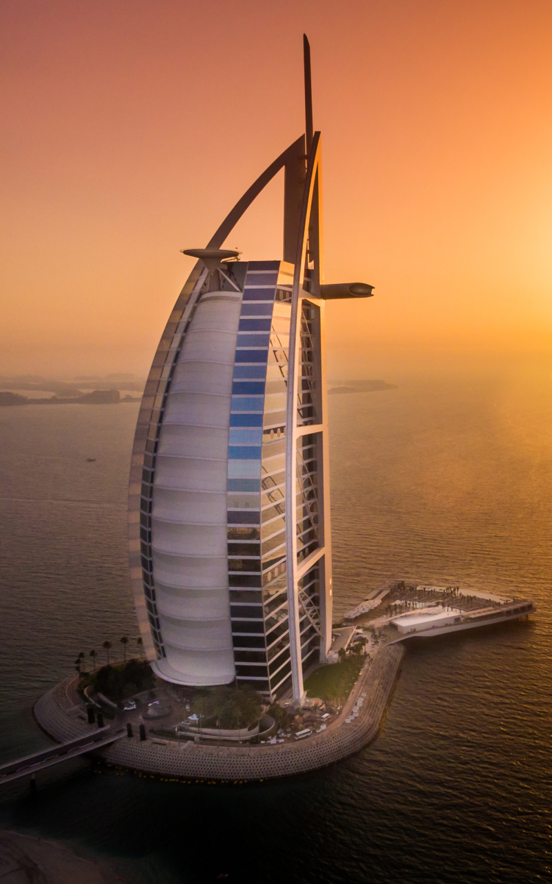 Handy-Wallpaper Gebäude, Dubai, Vereinigte Arabische Emirate, Burj Al Arab, Meer, Sonnenuntergang, Menschengemacht kostenlos herunterladen.