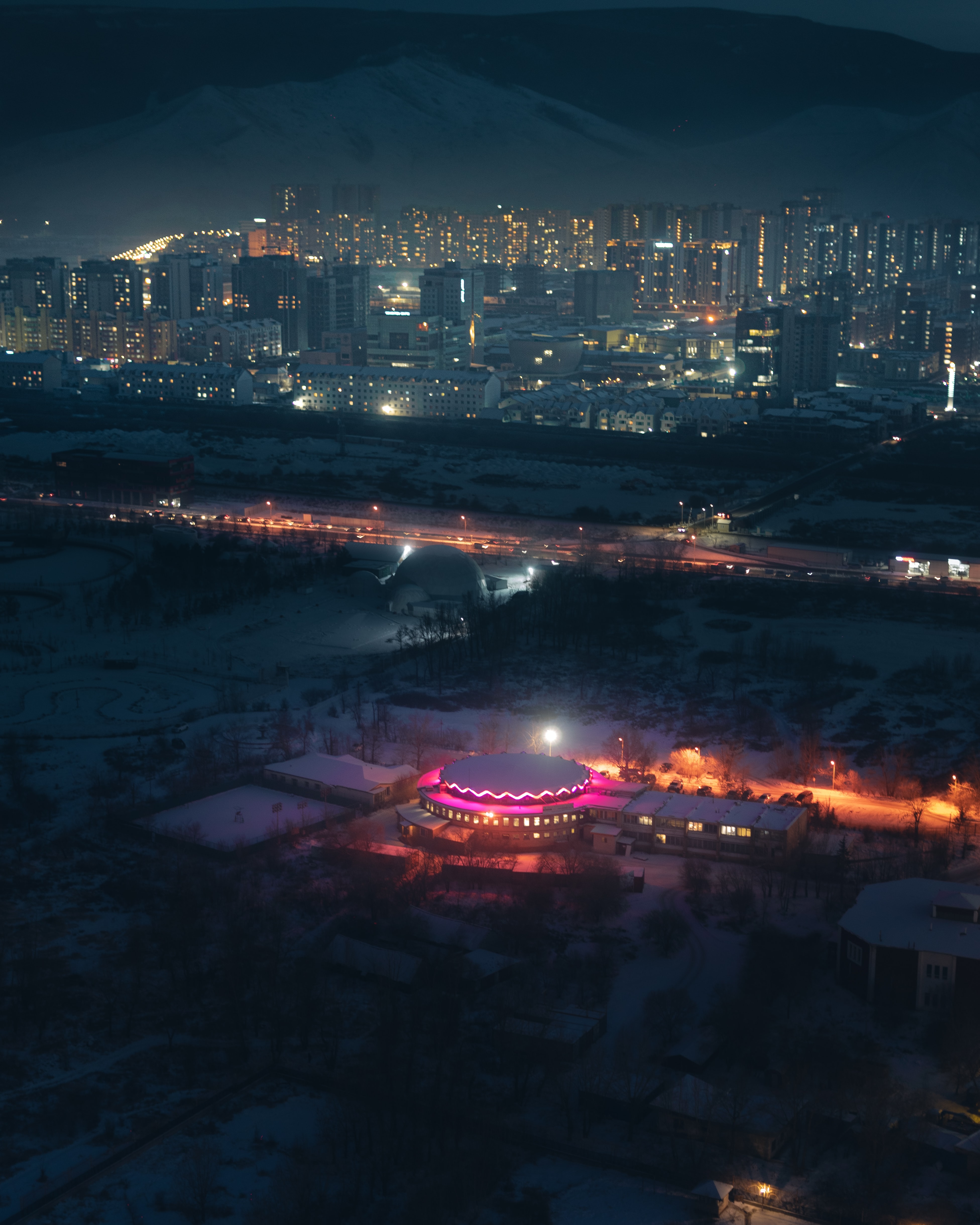backlight, cities, building, lights, view from above, dark, night city, illumination 4K for PC