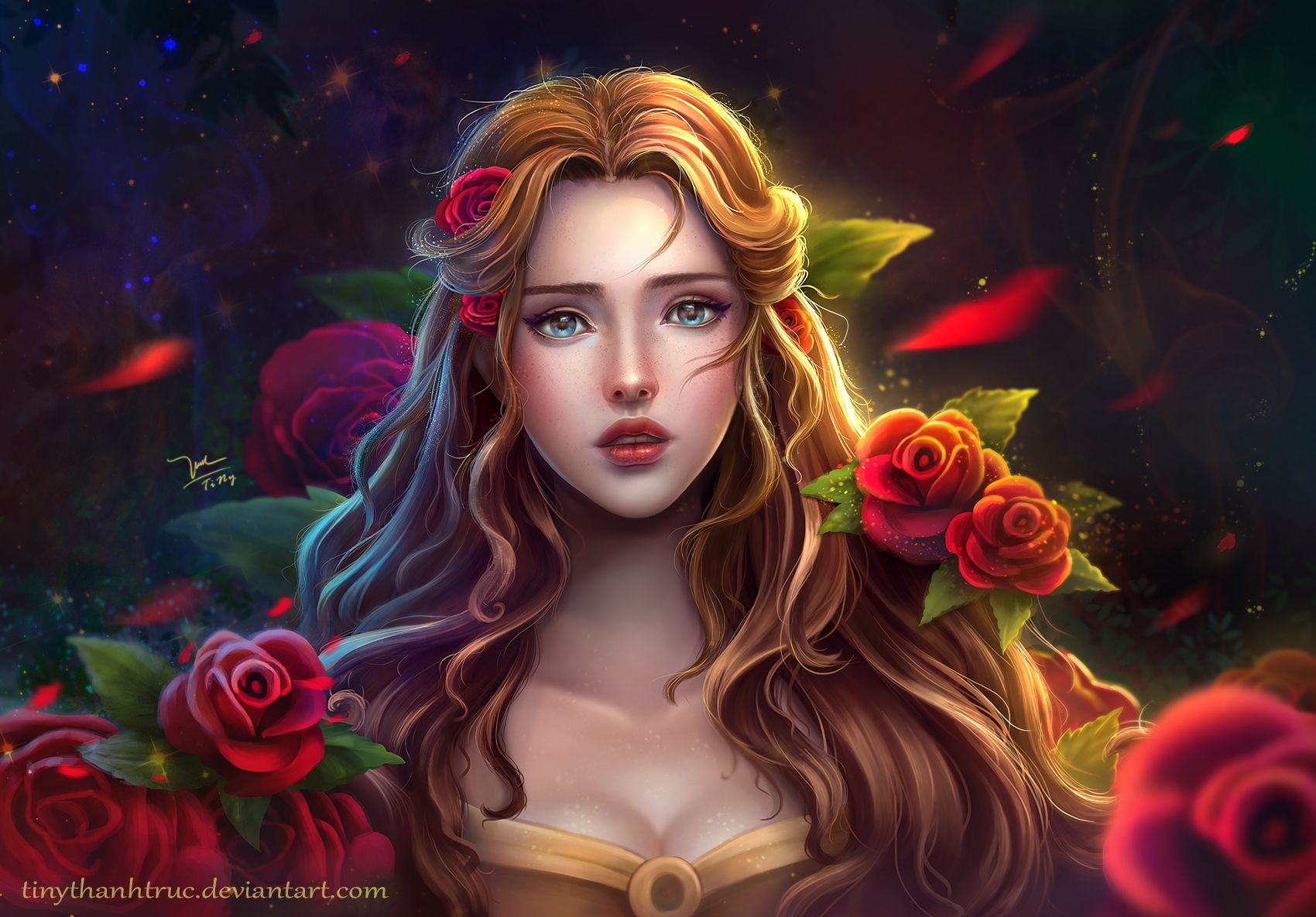 Free download wallpaper Fantasy, Flower, Artistic, Blue Eyes, Brown Hair on your PC desktop