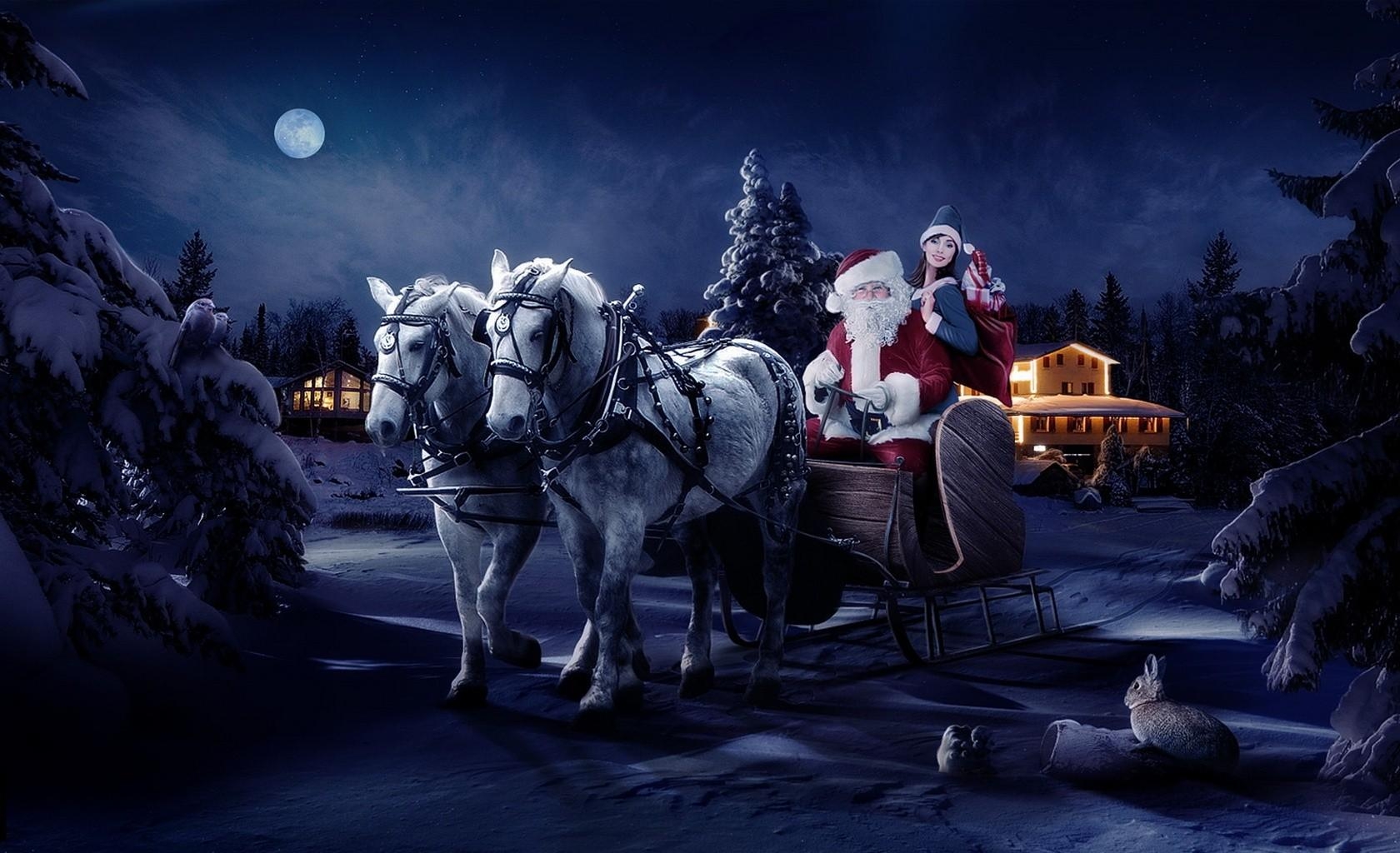 horses, holidays, santa claus, night, fir trees, christmas, girl, bag, sleigh, sledge, sack, presents, gifts