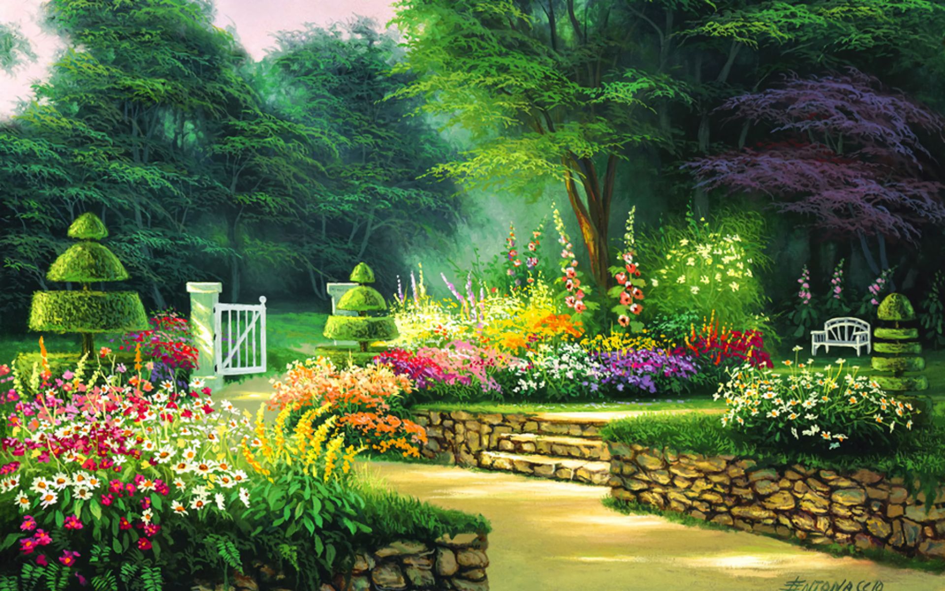Laden Sie das Bank, Blume, Baum, Garten, Malerei, Frühling, Künstlerisch-Bild kostenlos auf Ihren PC-Desktop herunter