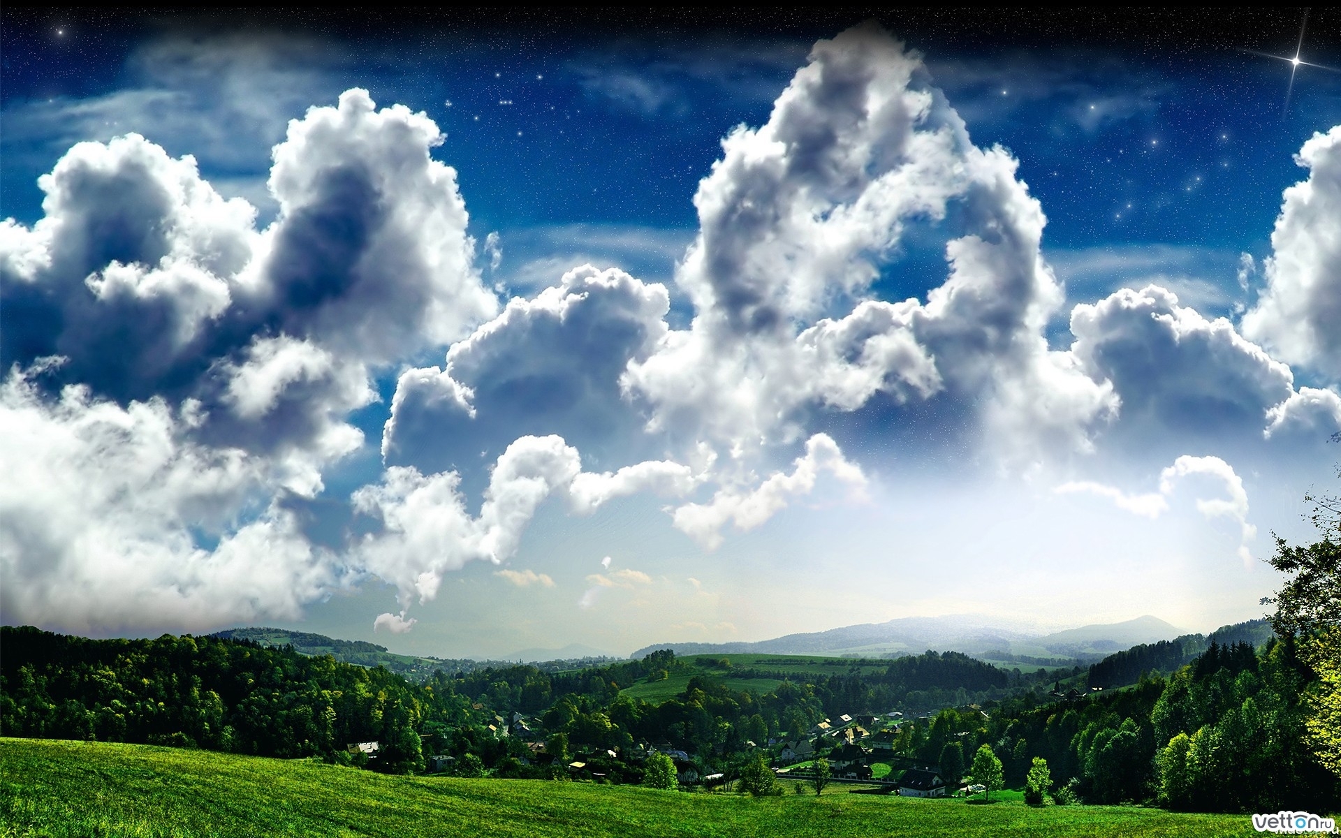 Handy-Wallpaper Clouds, Landschaft, Sky, Sterne, Felder kostenlos herunterladen.
