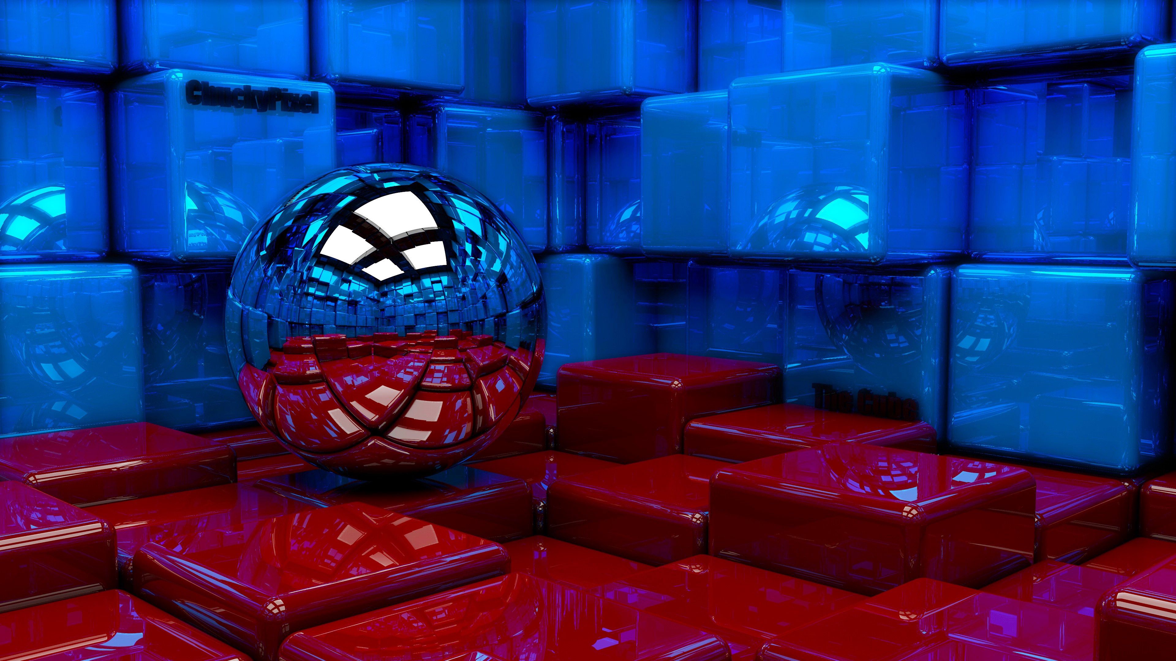 103986 скачать картинку шар, кубы, 3d, красный, синий, металл, отражение - обои и заставки бесплатно