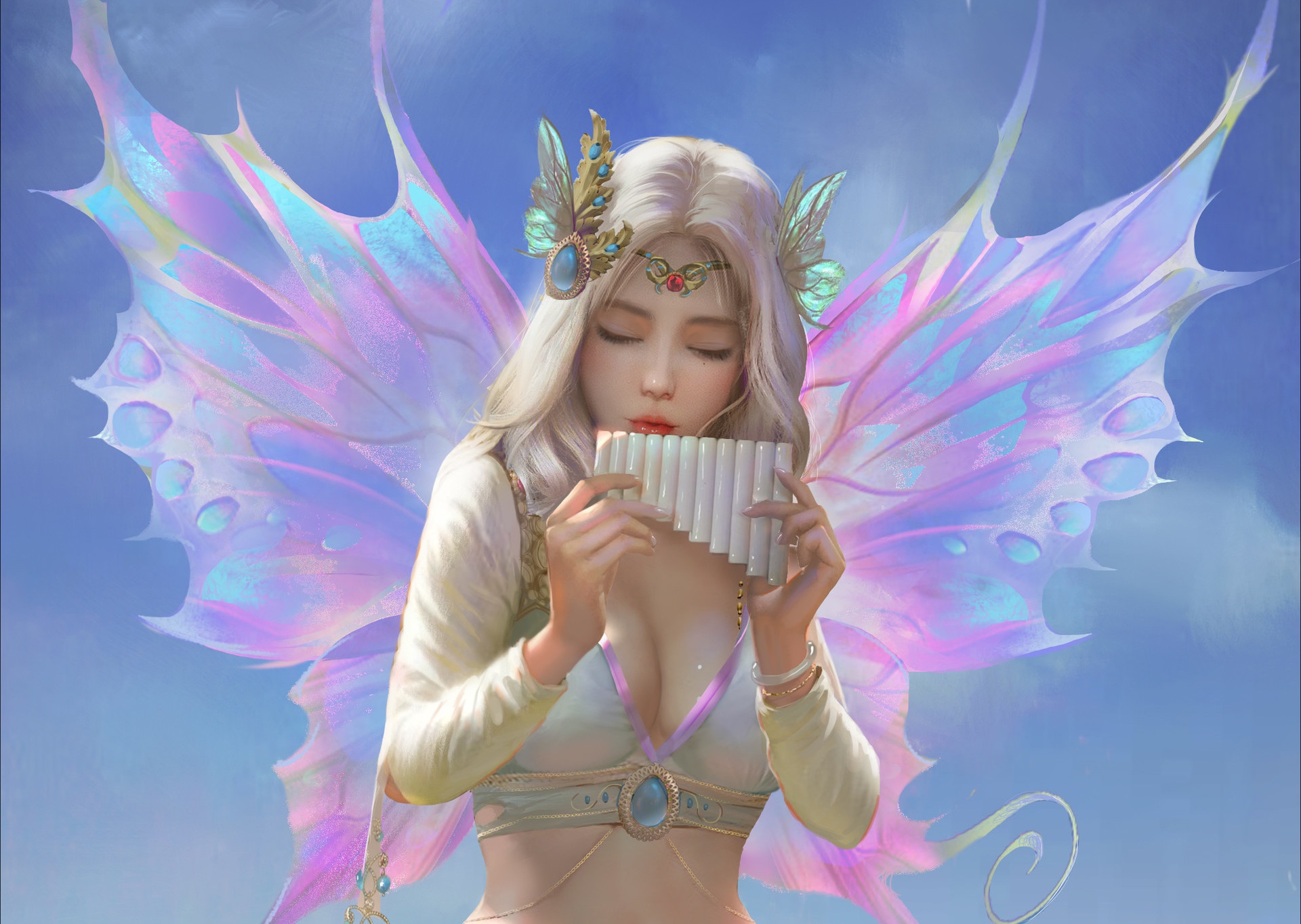 fantasy, fairy, flute, white hair, wings