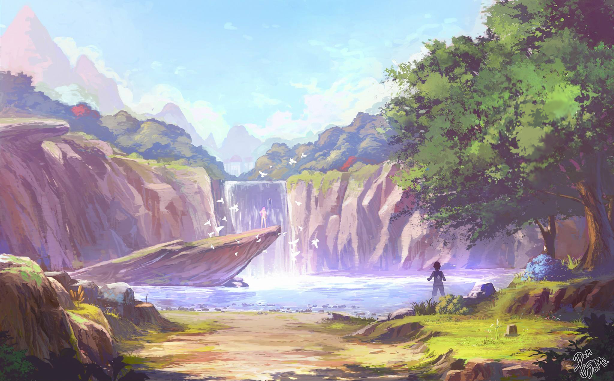Download mobile wallpaper Anime, Nature, Sky, Lake, Waterfall, Original, Scenery for free.