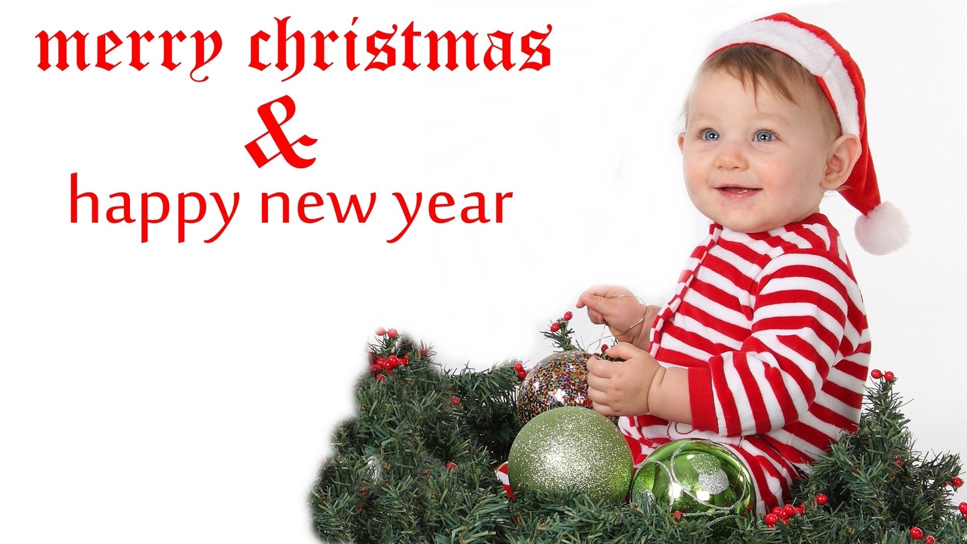 Download mobile wallpaper New Year, Christmas, Holiday, Decoration, Blue Eyes, Baby, Merry Christmas, Santa Hat, Happy New Year for free.