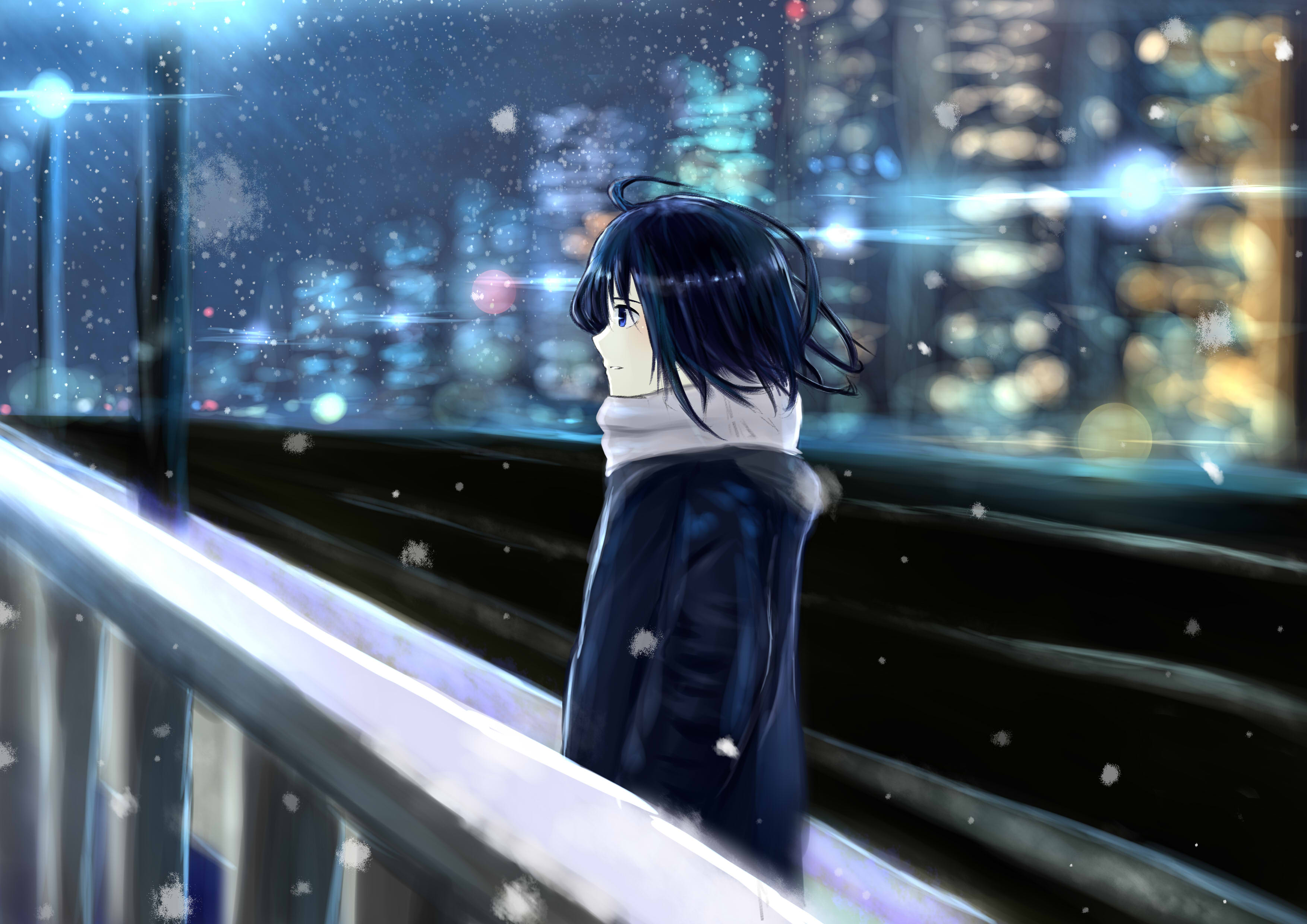 Free download wallpaper Anime, Night, Snow, City, Light, Cold, Scarf, Original on your PC desktop