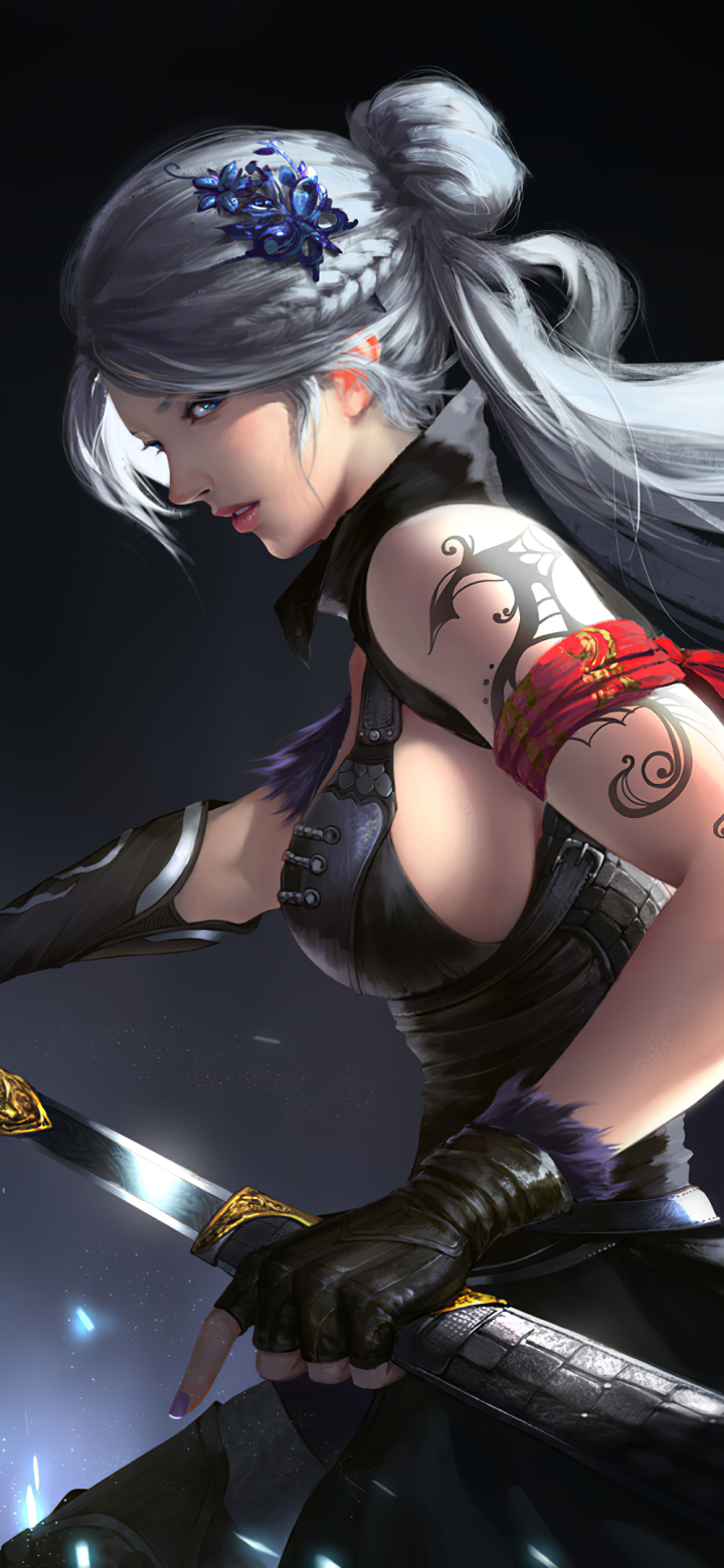 Download mobile wallpaper Fantasy, Tattoo, Blue Eyes, Long Hair, Women Warrior, Woman Warrior, Grey Hair for free.