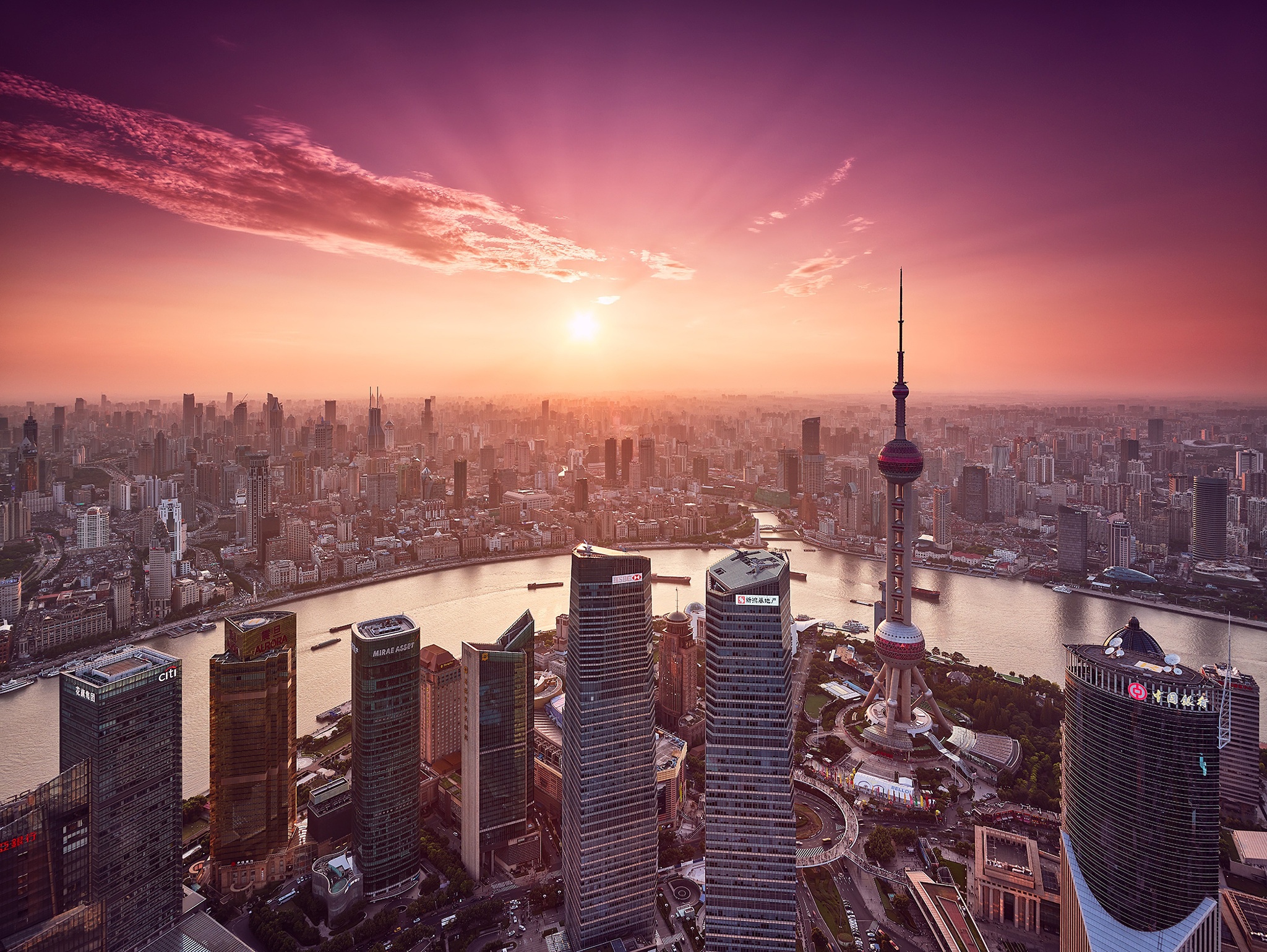Laden Sie das Städte, Wolkenkratzer, Gebäude, Horizont, Fluss, Stadtbild, China, Himmel, Sonnenuntergang, Menschengemacht, Großstadt, Schanghai-Bild kostenlos auf Ihren PC-Desktop herunter