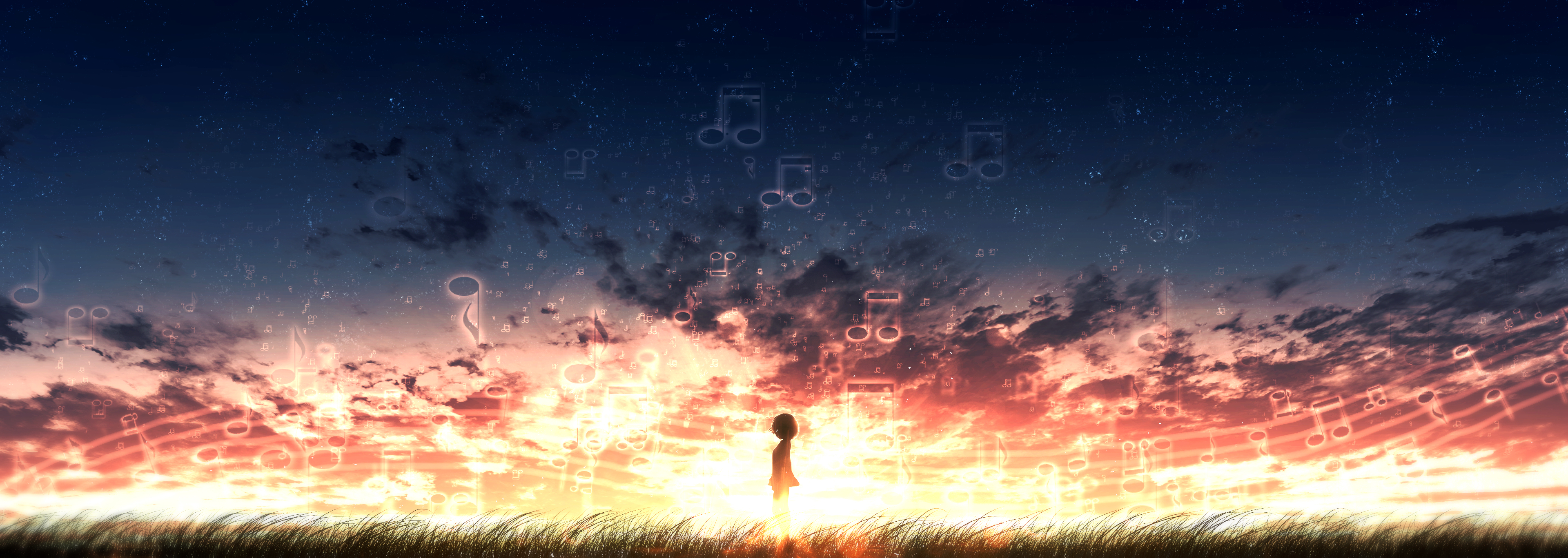 anime, original, musical note, sunset