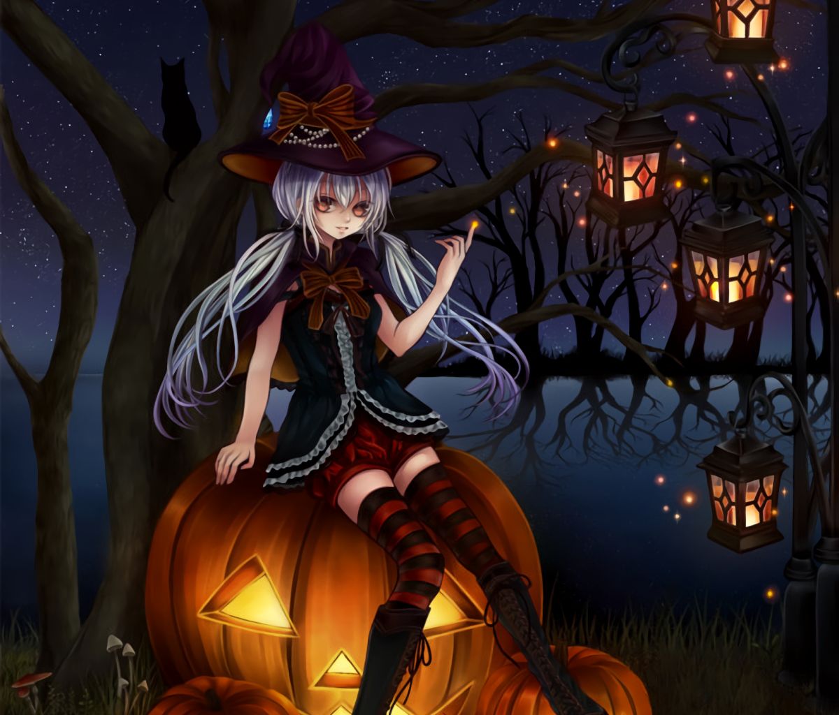 Free download wallpaper Anime, Halloween, Night, Holiday, Lantern, White Hair, Jack O' Lantern, Witch Hat on your PC desktop