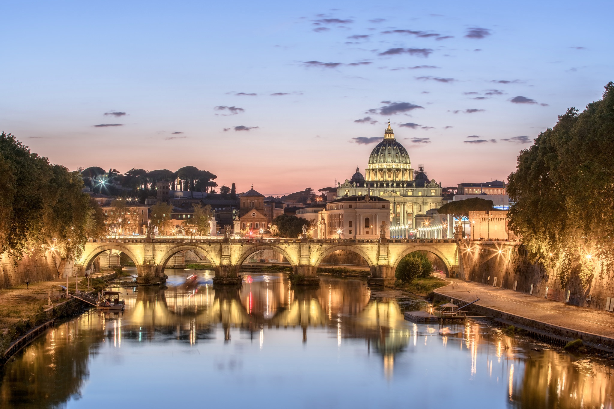 Download mobile wallpaper Cities, Night, Italy, Building, Reflection, Light, Bridge, River, Rome, Man Made for free.