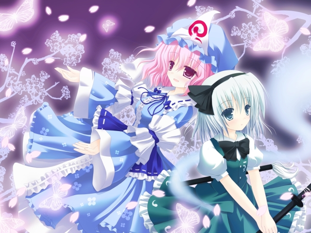 Free download wallpaper Anime, Flower, Petal, Pink Hair, Touhou, Purple Eyes, White Hair, Youmu Konpaku, Yuyuko Saigyouji on your PC desktop