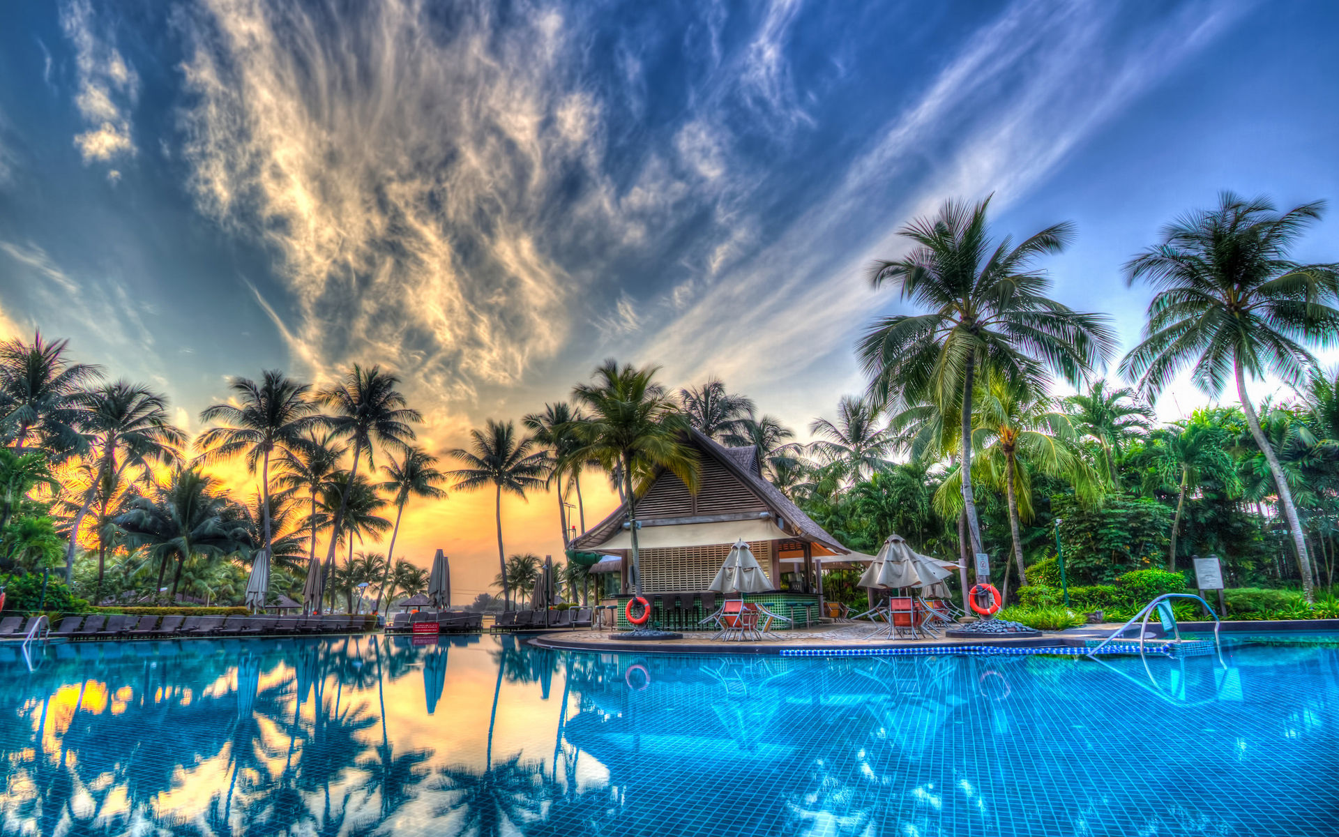 Free download wallpaper Reflection, Holiday, Sunrise, Resort, Photography, Pool, Palm Tree on your PC desktop